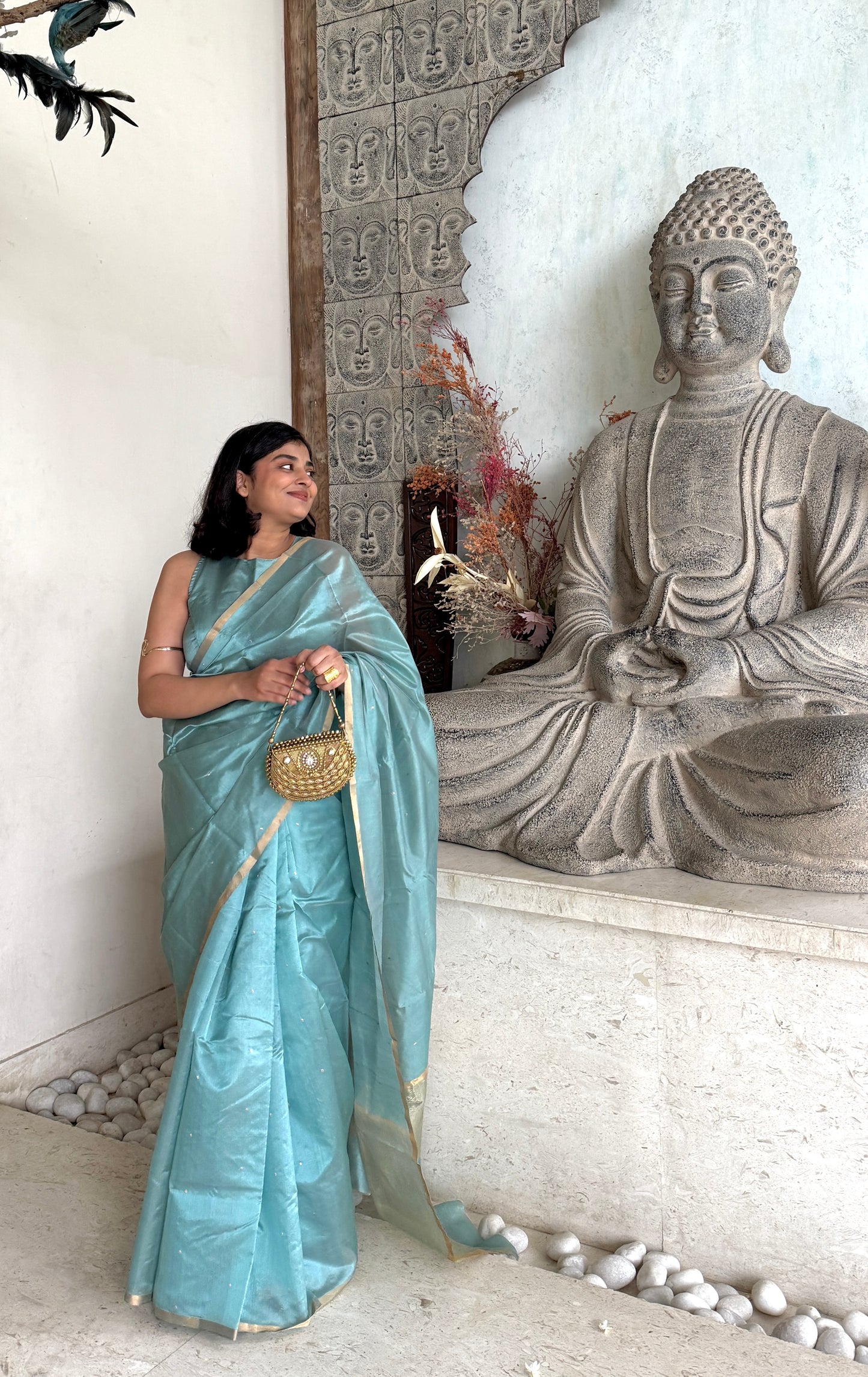 Baby blue chanderi silk saree with zari bootis all over