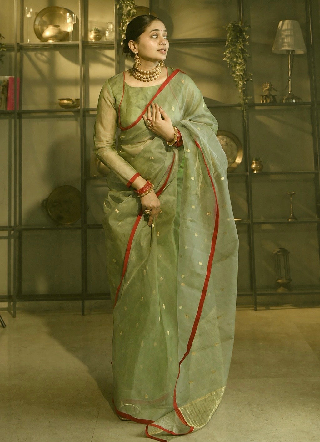 Olive gold & red Chanderi silk saree with zari bootis all over