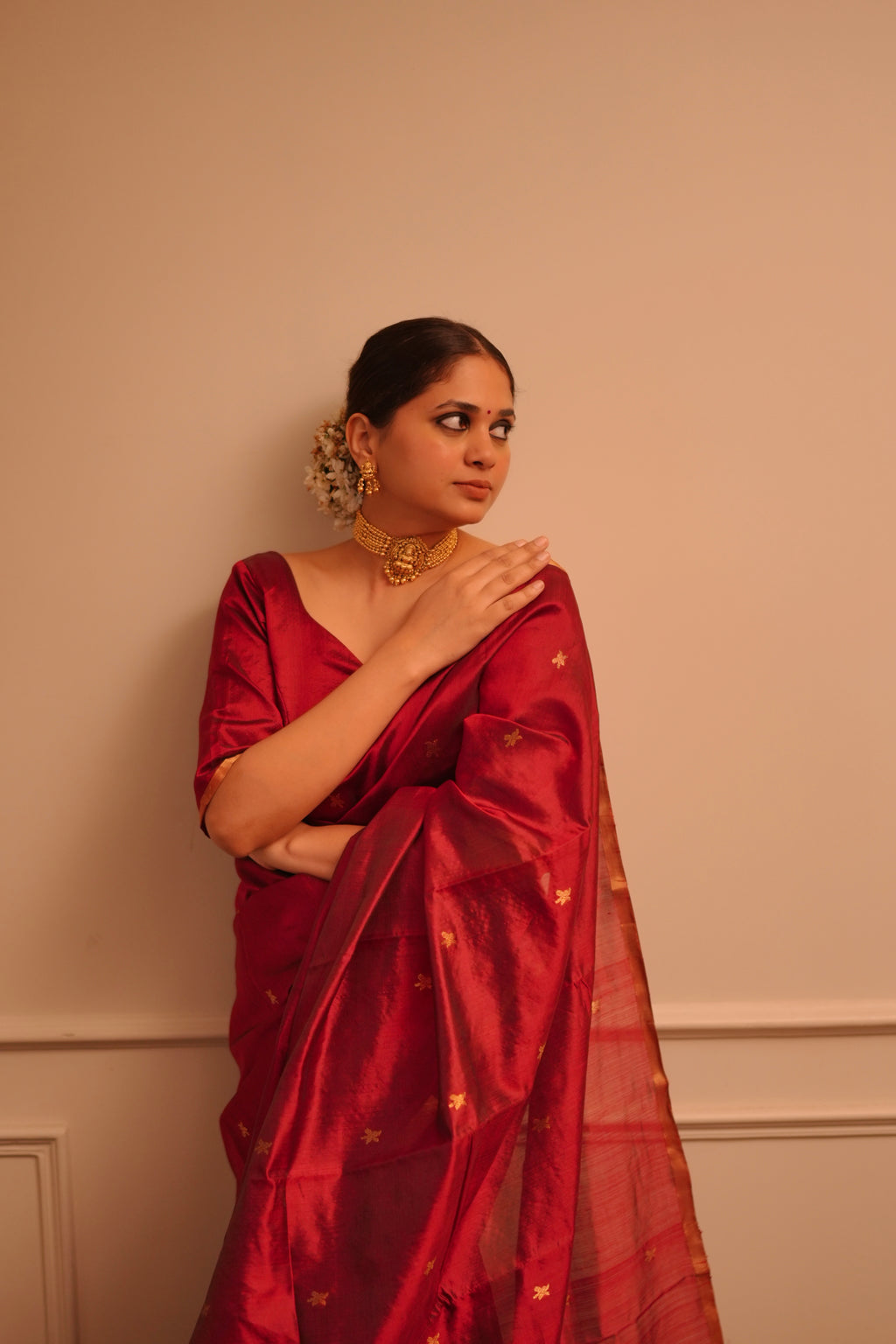 Ready to wear | Deep Maroon Chanderi Silk Saree with Flower Bootis all over