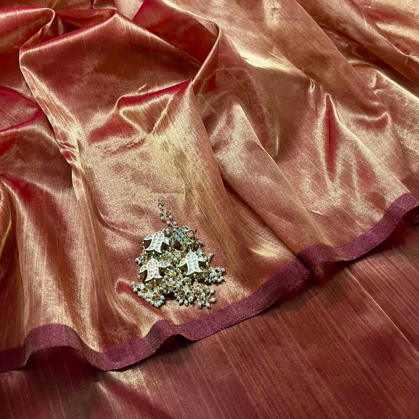 Deep red and gold Chanderi tissue silk saree