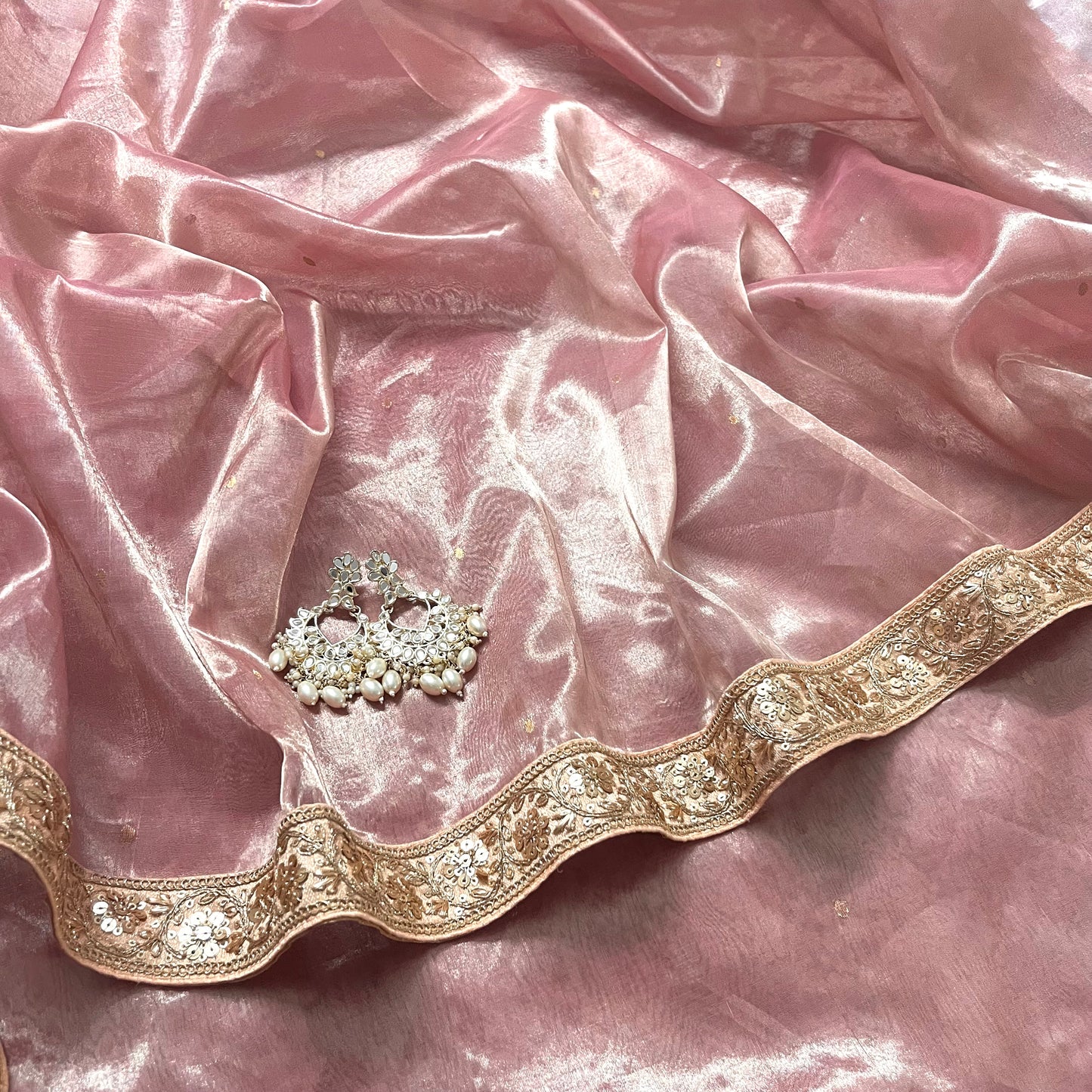 Flamingo pink Chanderi tissue silk saree with zari bootis all over