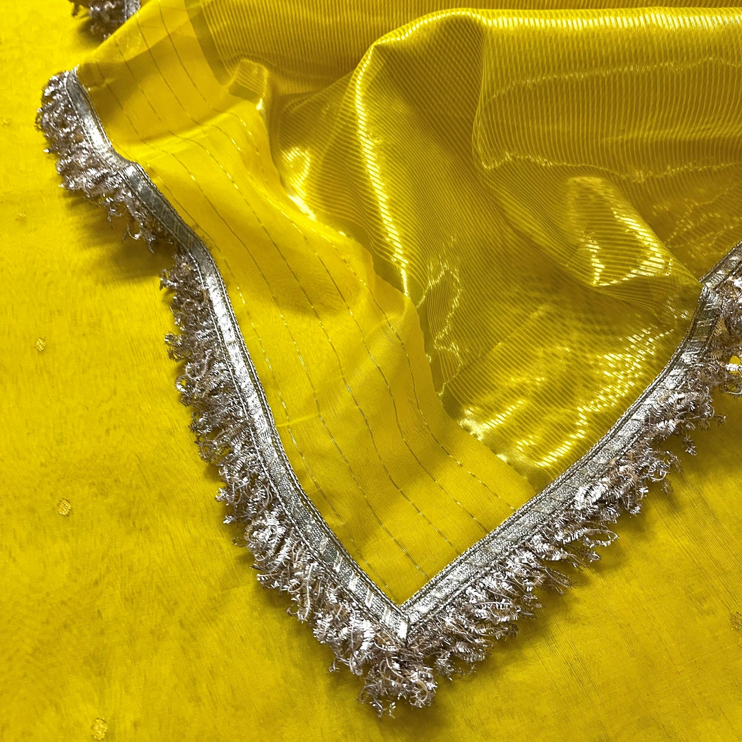 Corn yellow Chanderi silk saree with zari bootis all over