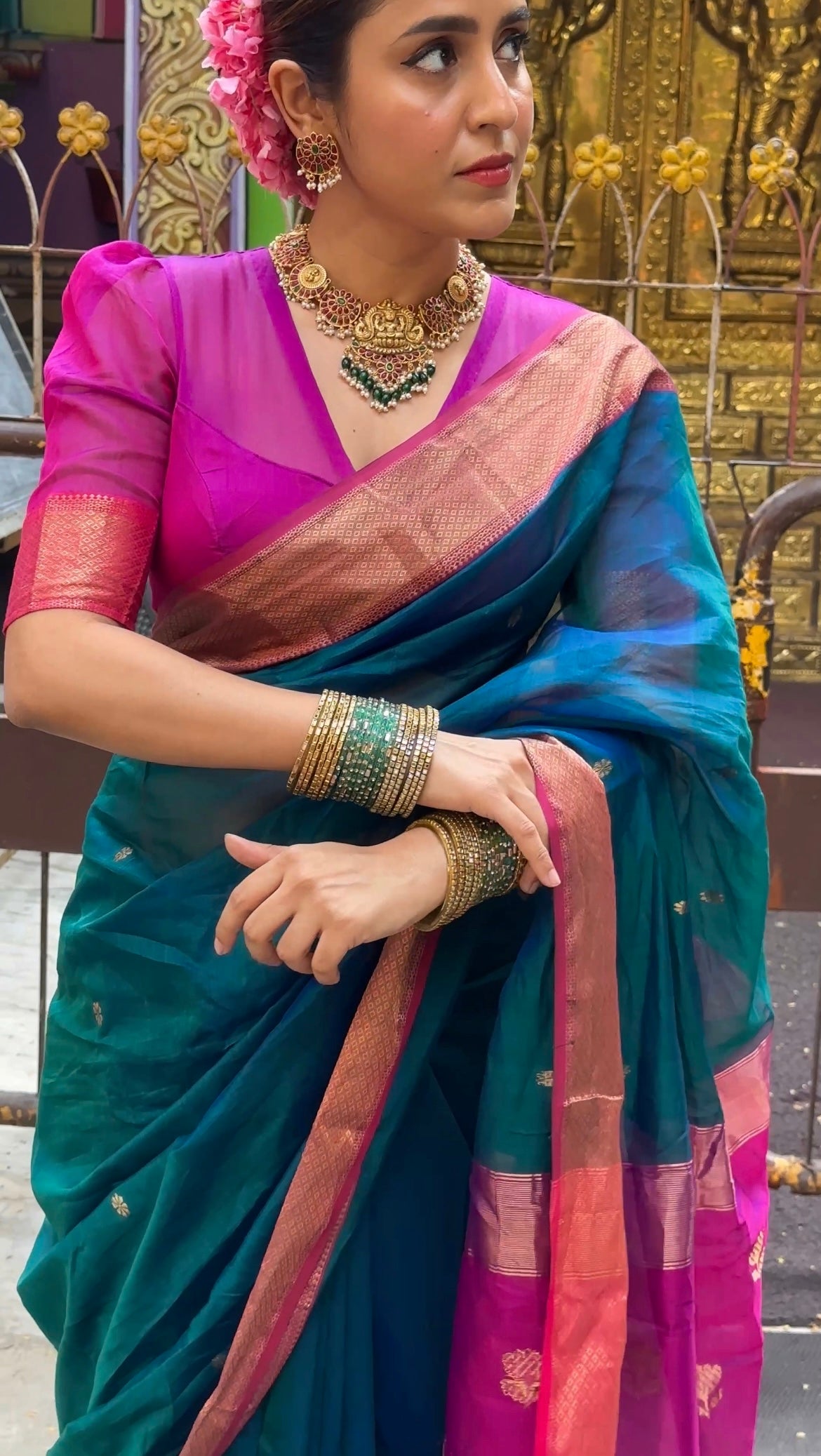 Peacock and Violet dual tone Maheshwari saree with flower motifs on pallu