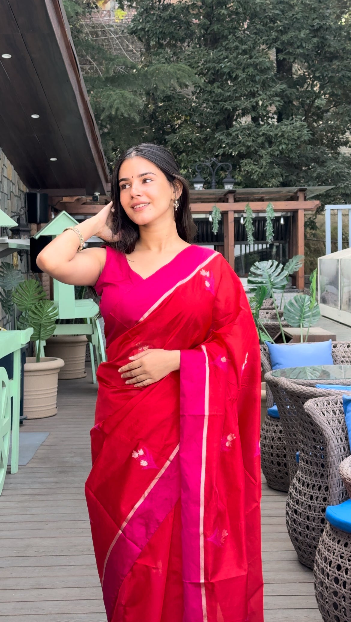 Red and pink chanderi saree with flower motifs all over