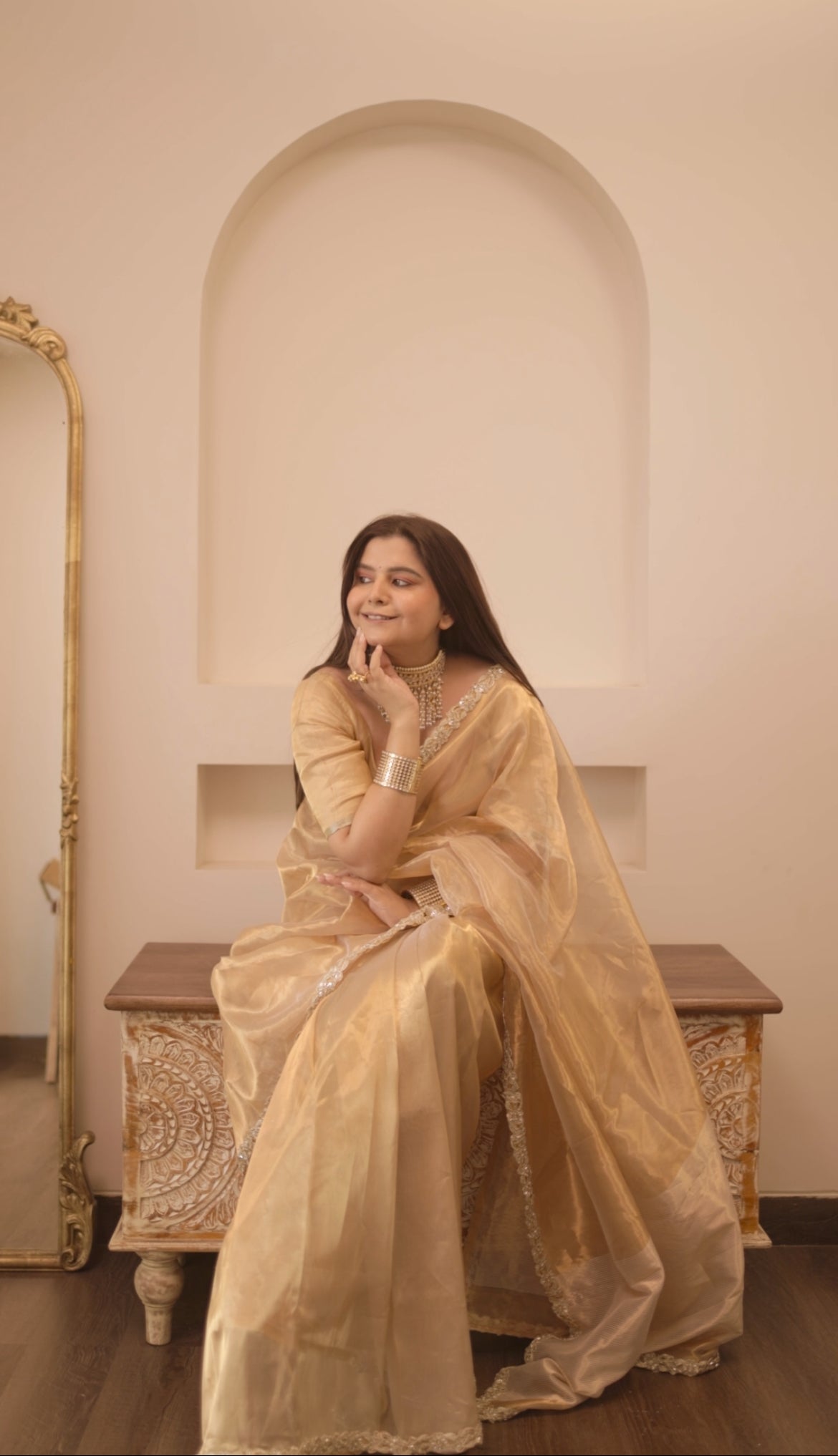 Molten gold chanderi tissue silk saree with intricate work border