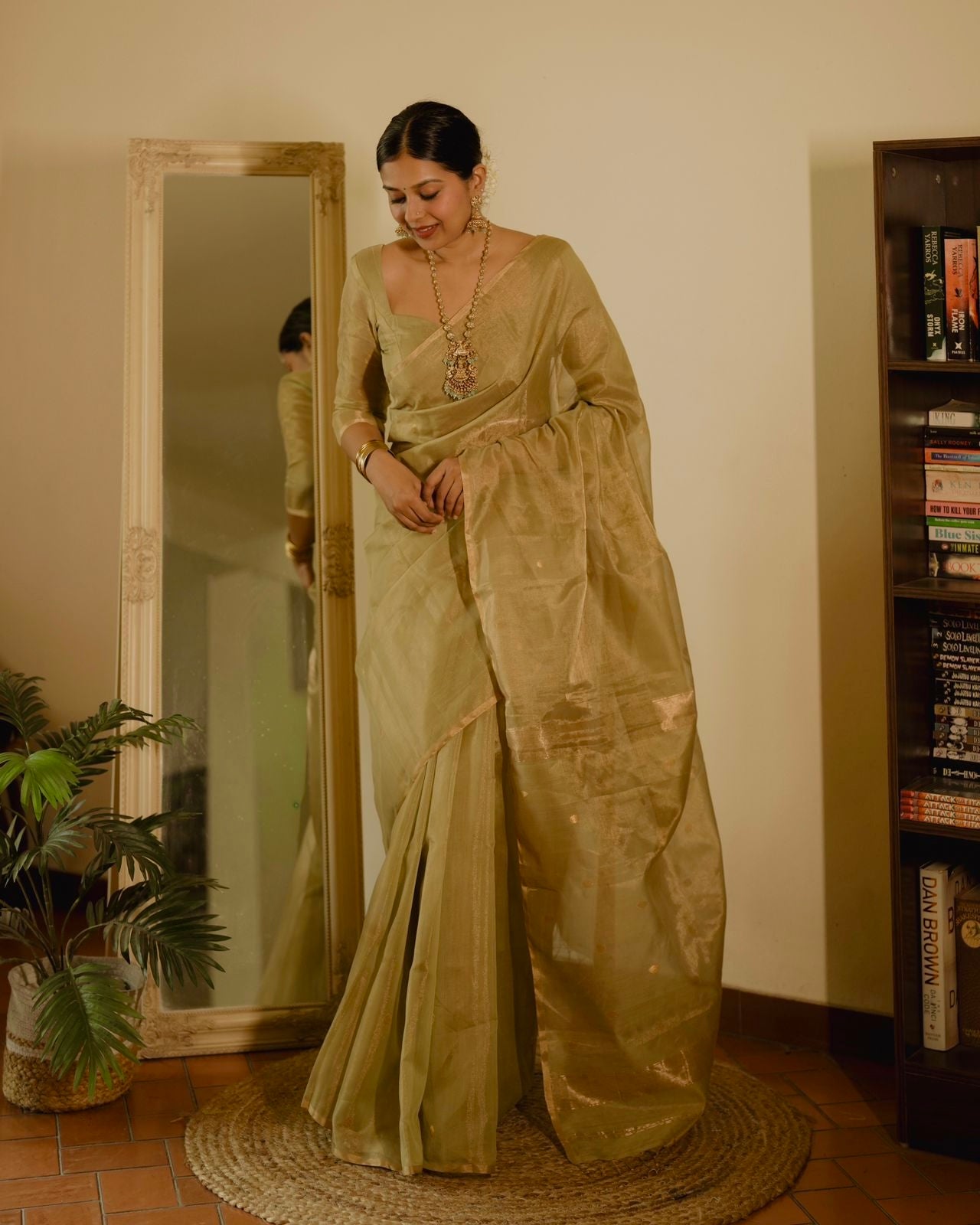 Olive gold Maheshwari tissue silk saree with zari bootis all over