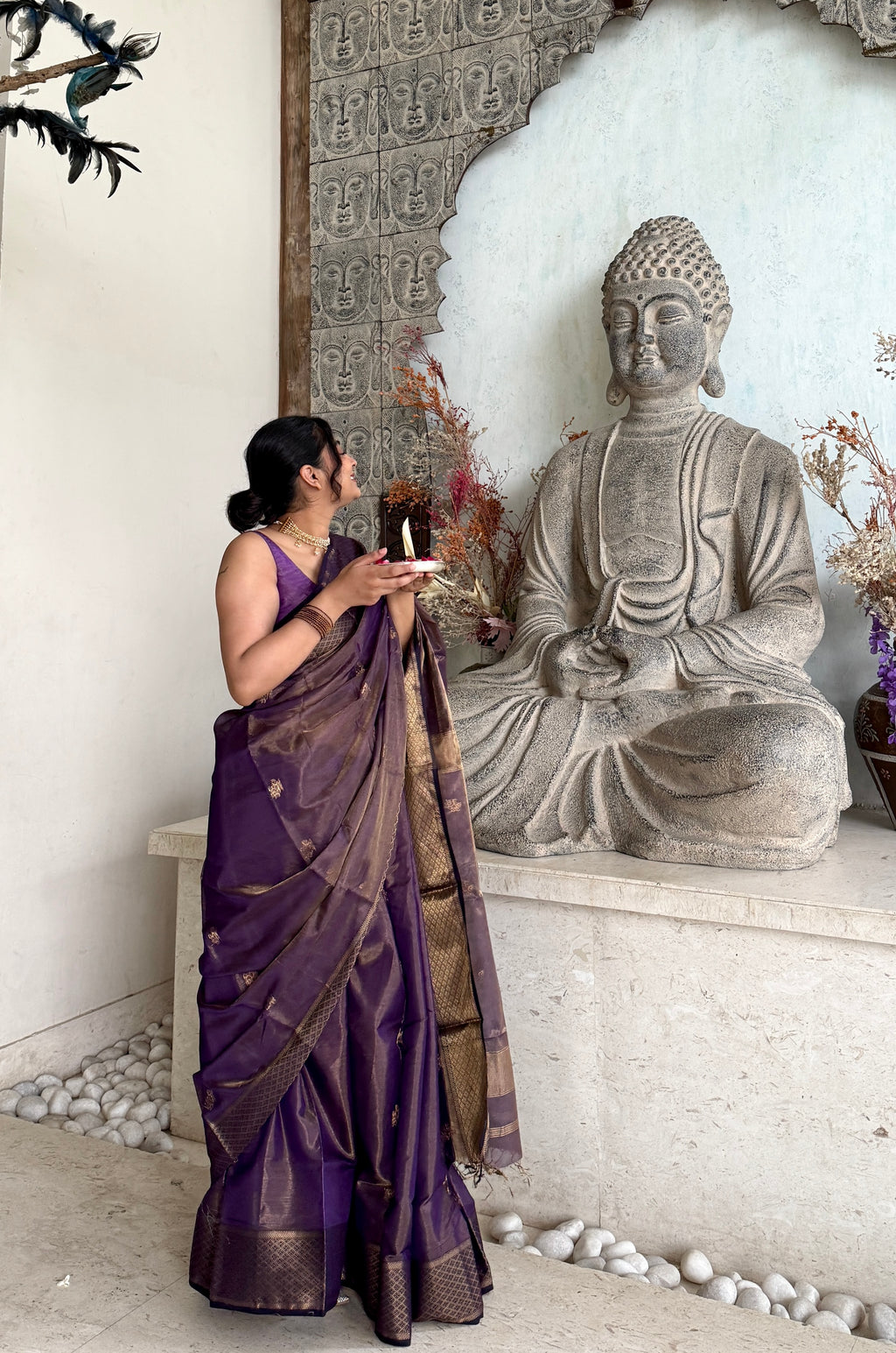Dark purple maheshwari tissue silk saree with flower motifs all over
