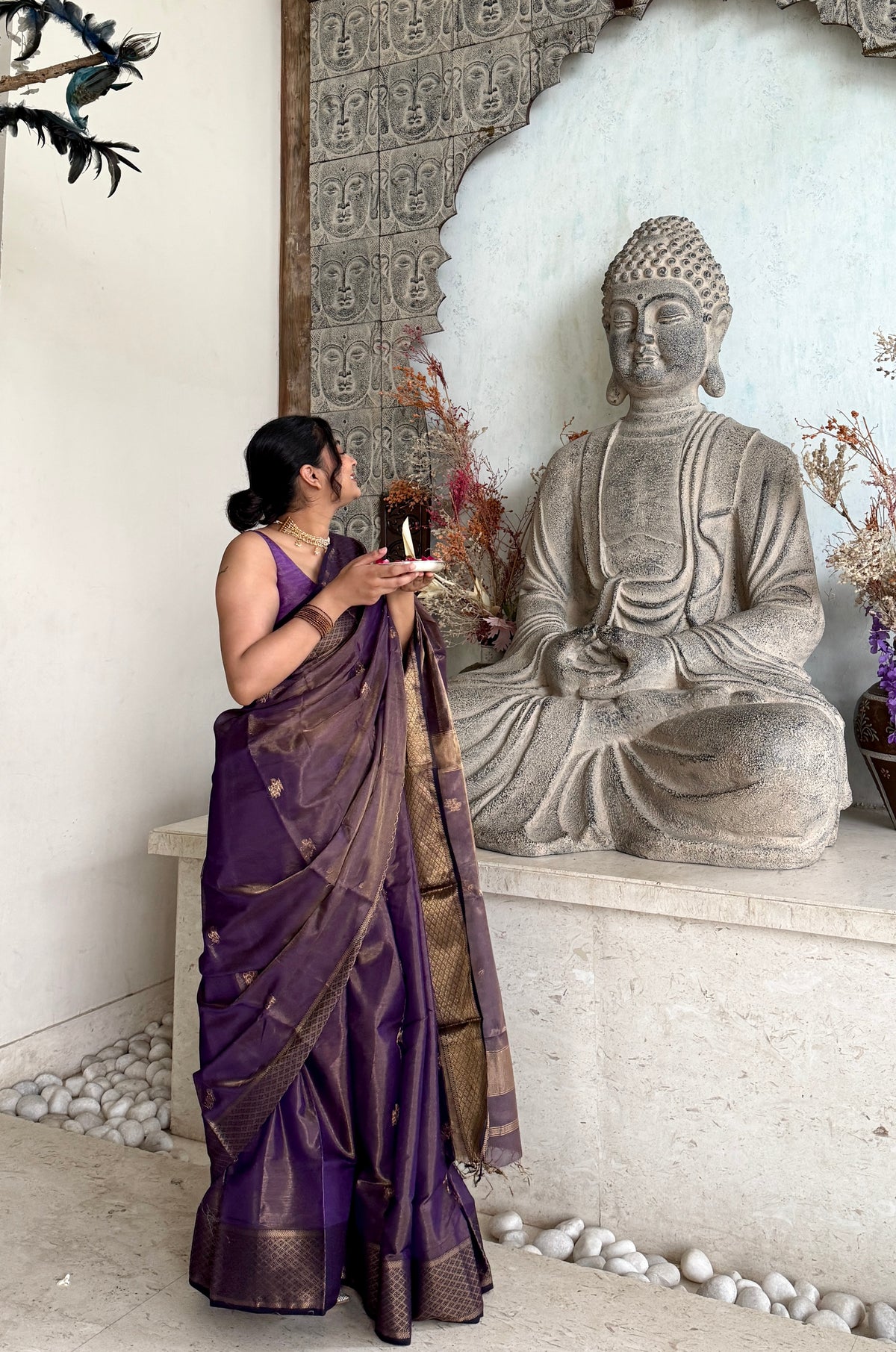 Dark purple maheshwari tissue silk saree with flower motifs all over
