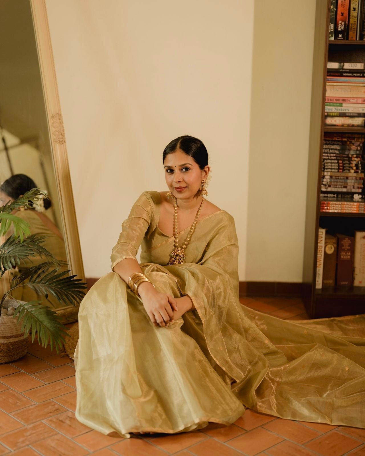 Olive gold Maheshwari tissue silk saree with zari bootis all over