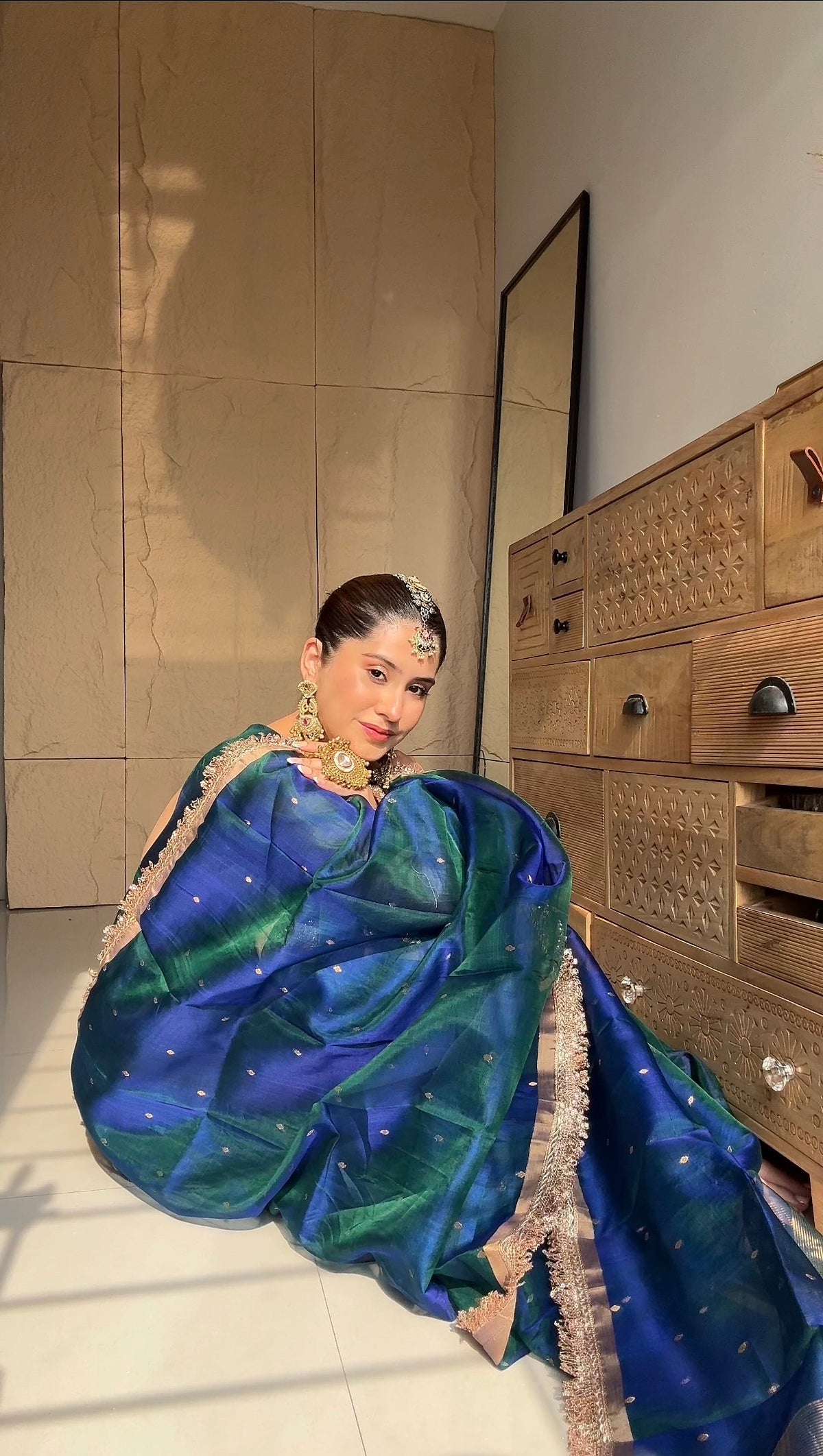 Peacock Green & Blue Dual Tone Chanderi Organza Silk Anarkali Suit