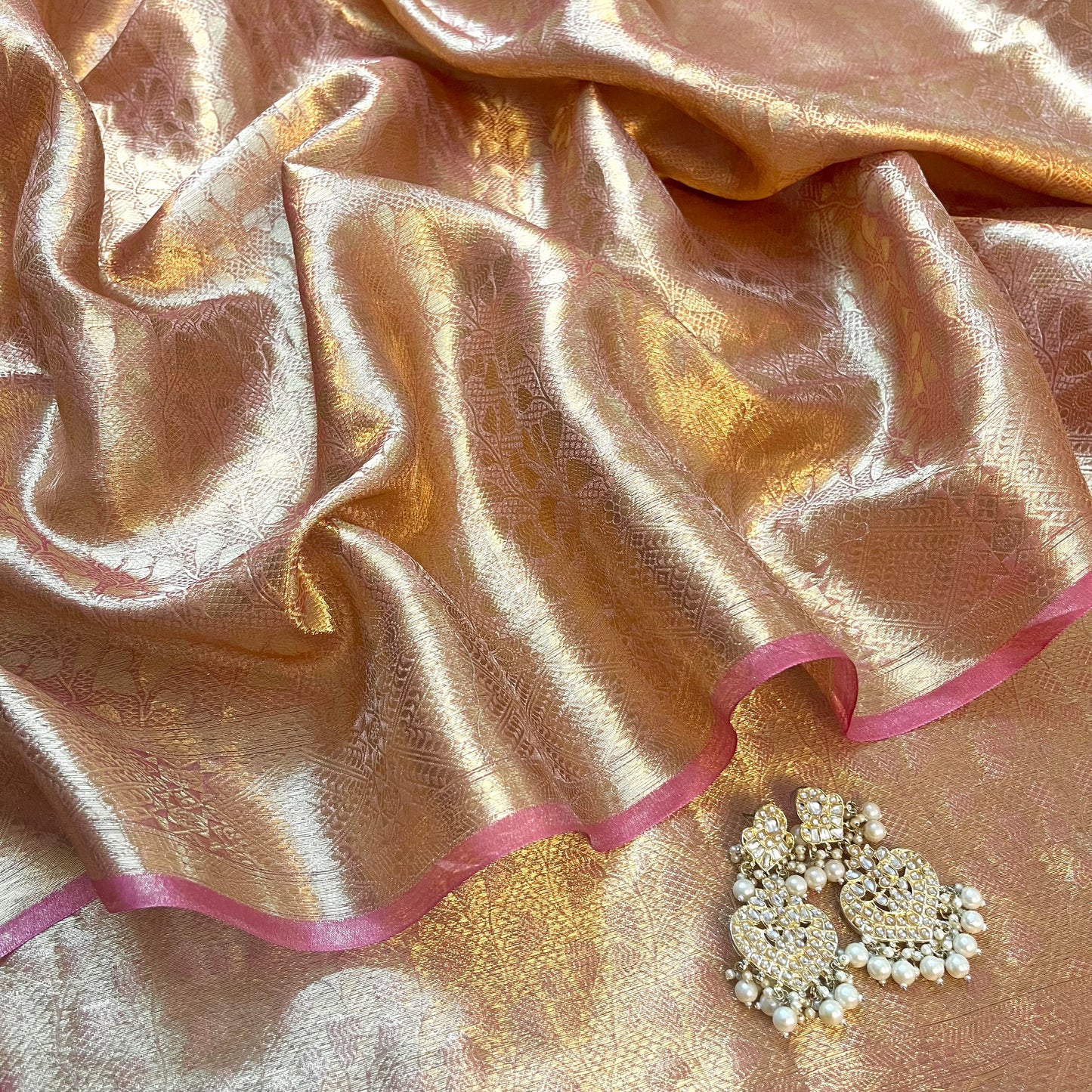 Rose and Gold banarasi brocade silk saree with zari pattern all over