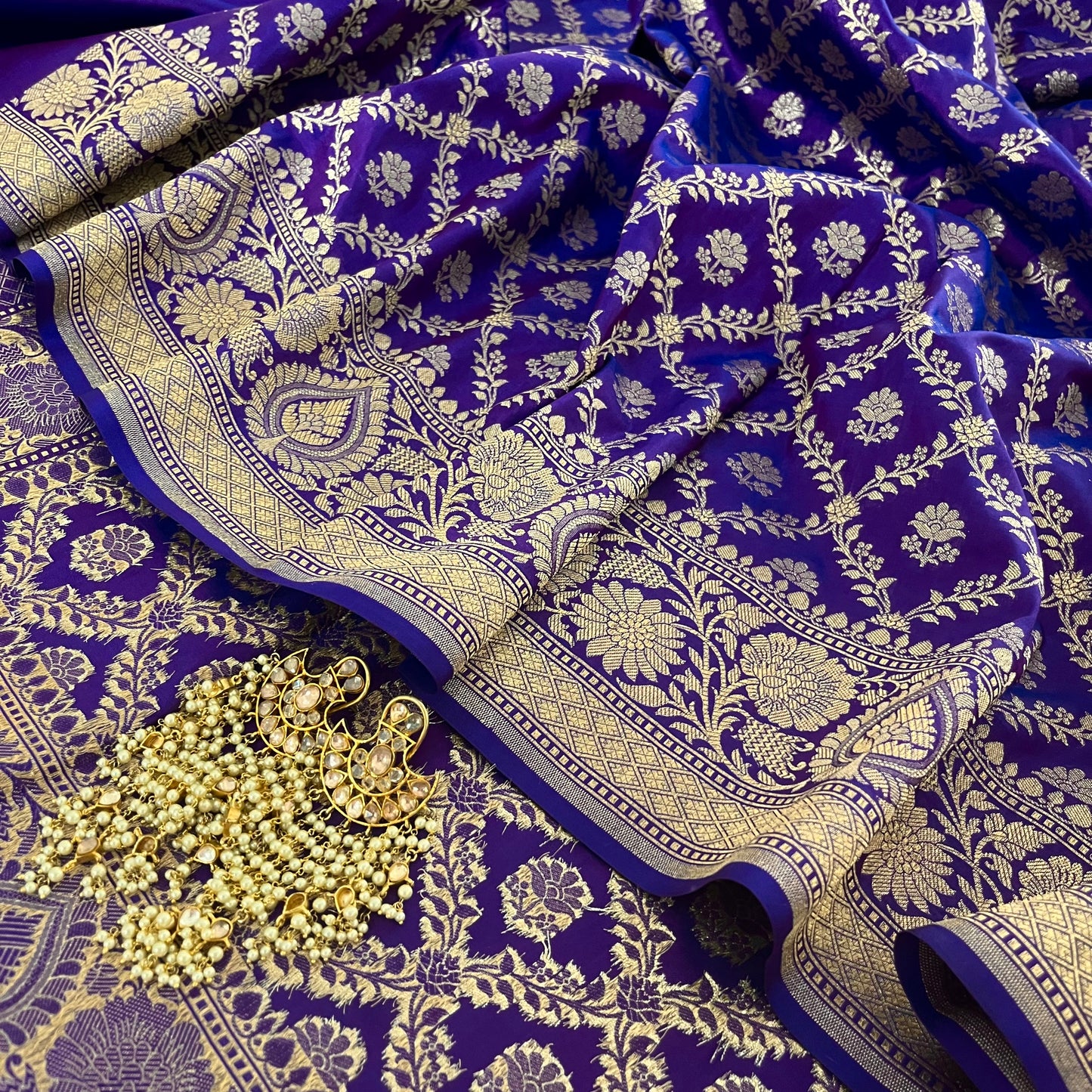 Dark Purple Banarasi silk saree with zari jaal work all over