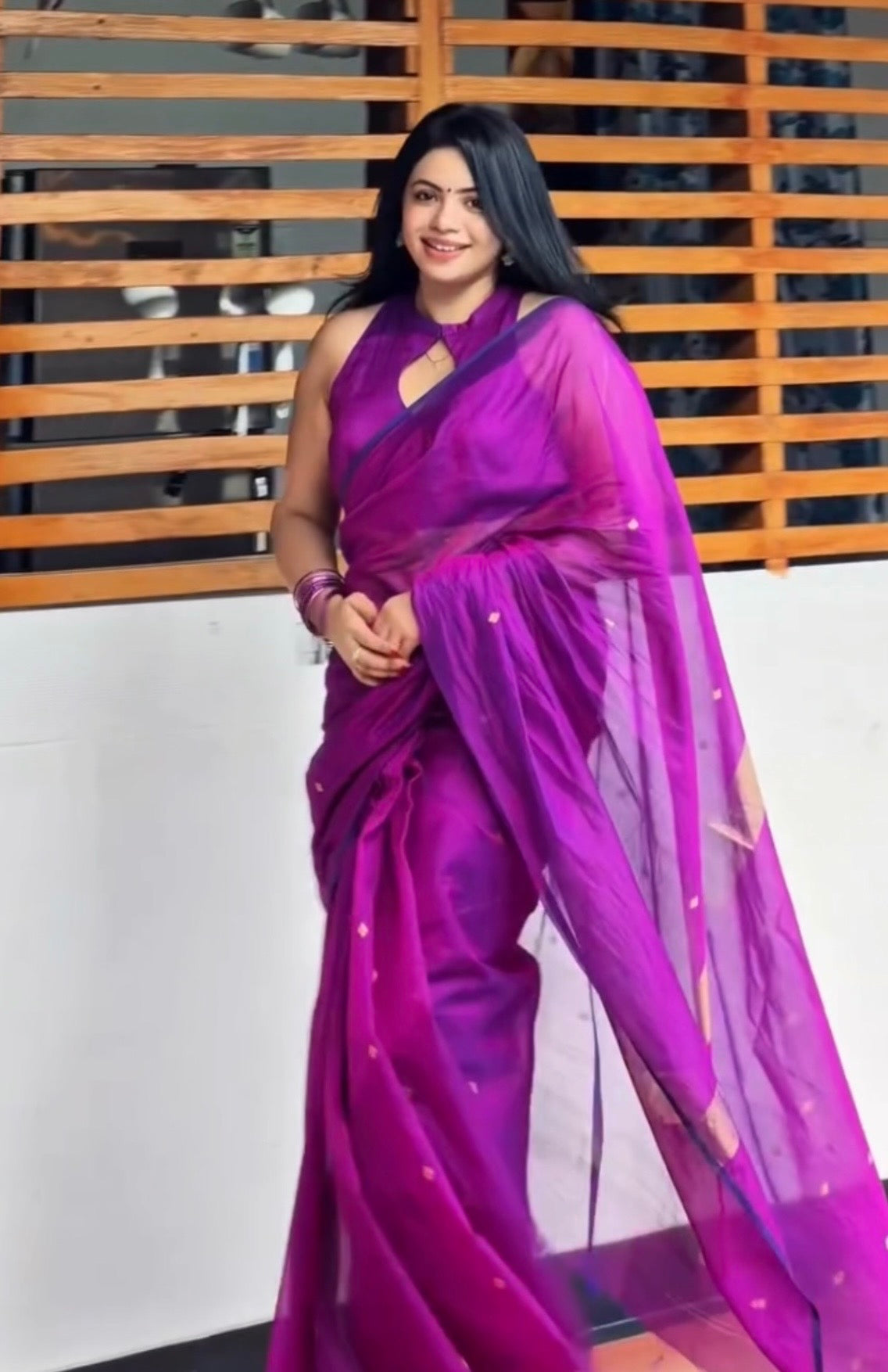 Violet dual tone Maheshwari saree with zari bootis all over