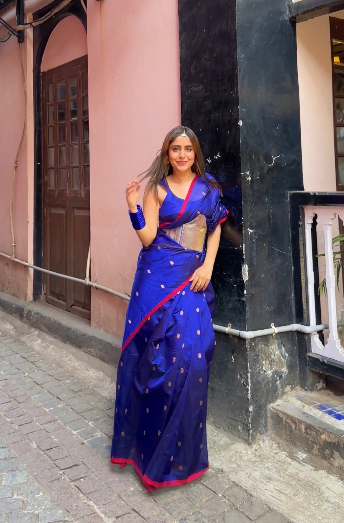 Dark blue Chanderi silk saree with flower bootis all over