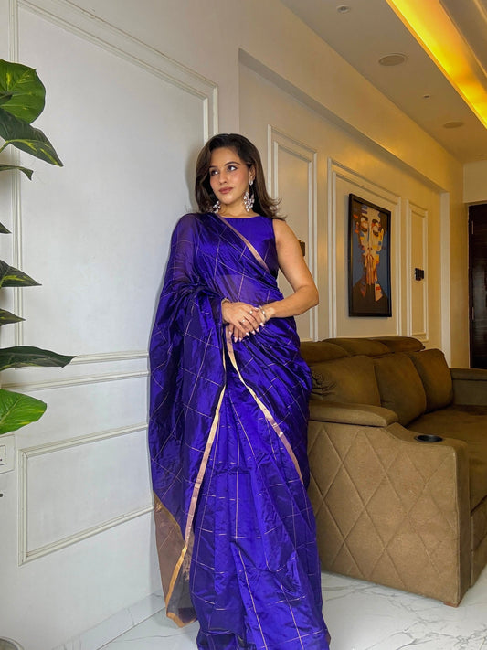 Dark purple chanderi silk saree with zari checks all over