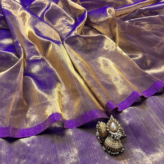 Purple & Gold Chanderi tissue silk saree