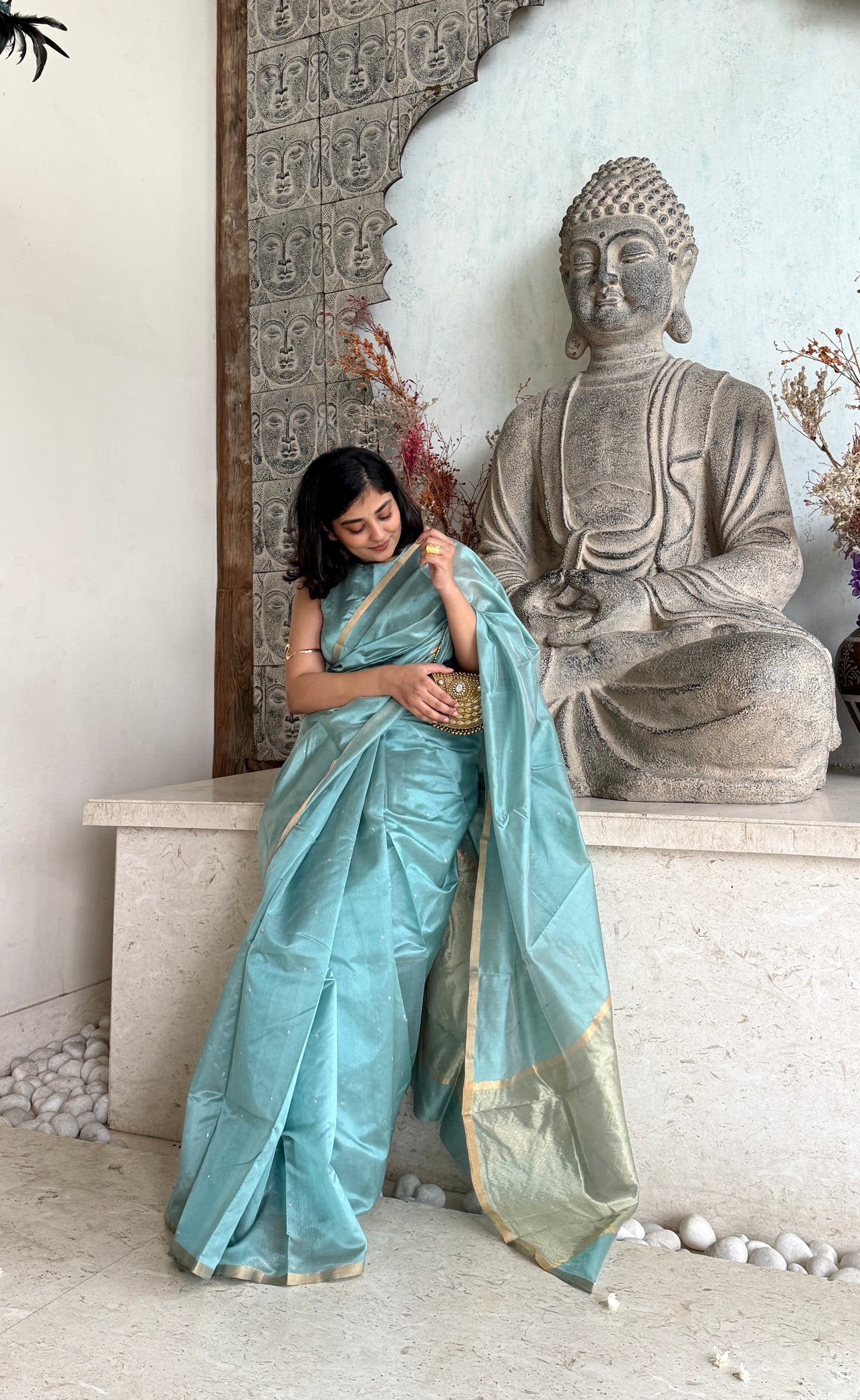Baby blue chanderi silk saree with zari bootis all over