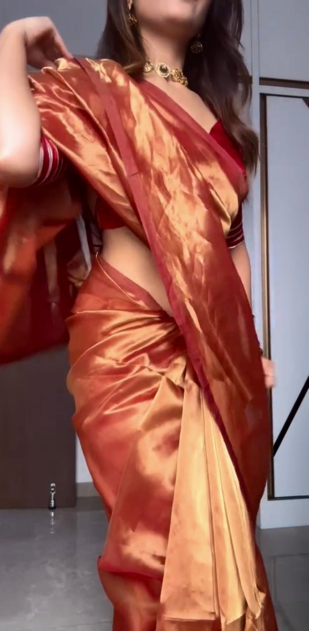 Deep red and gold Chanderi tissue silk saree