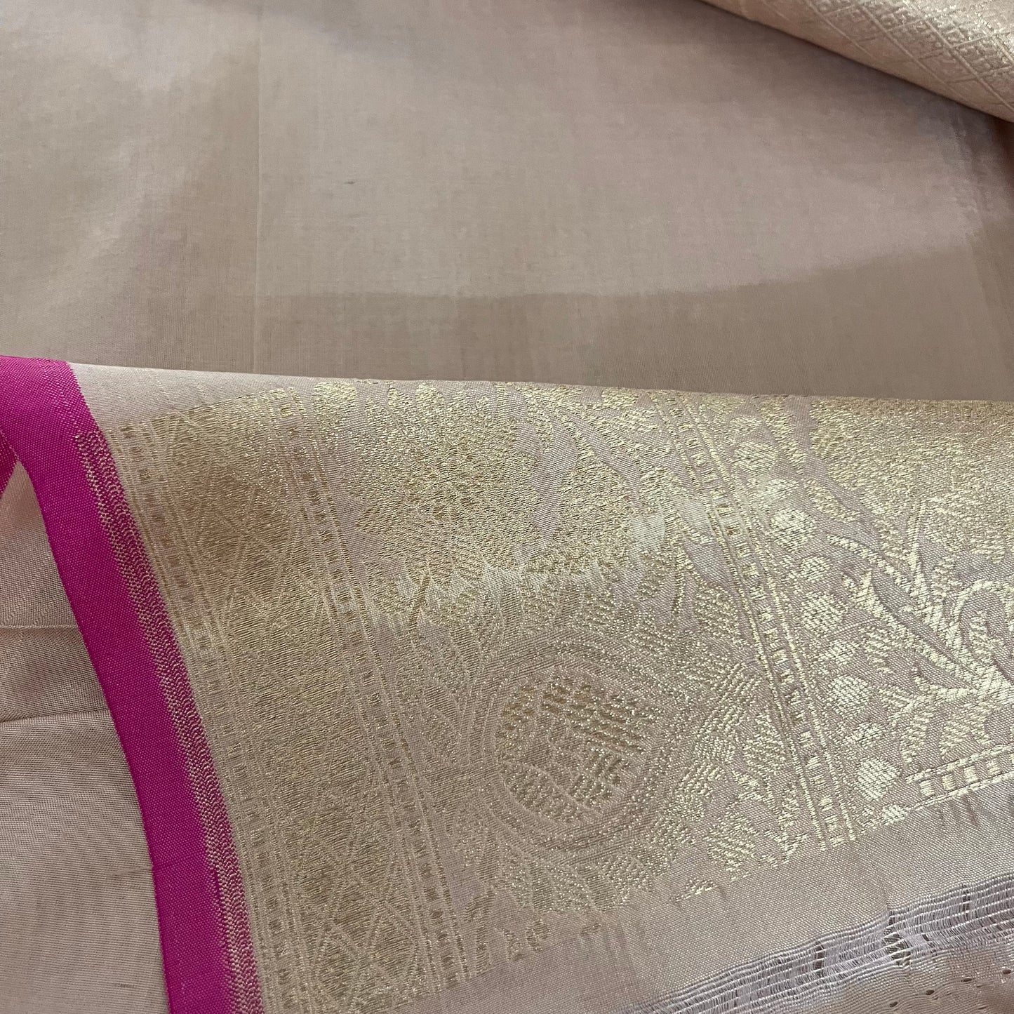 Sand and pink Banarasi katan silk saree with zari jaal work all over