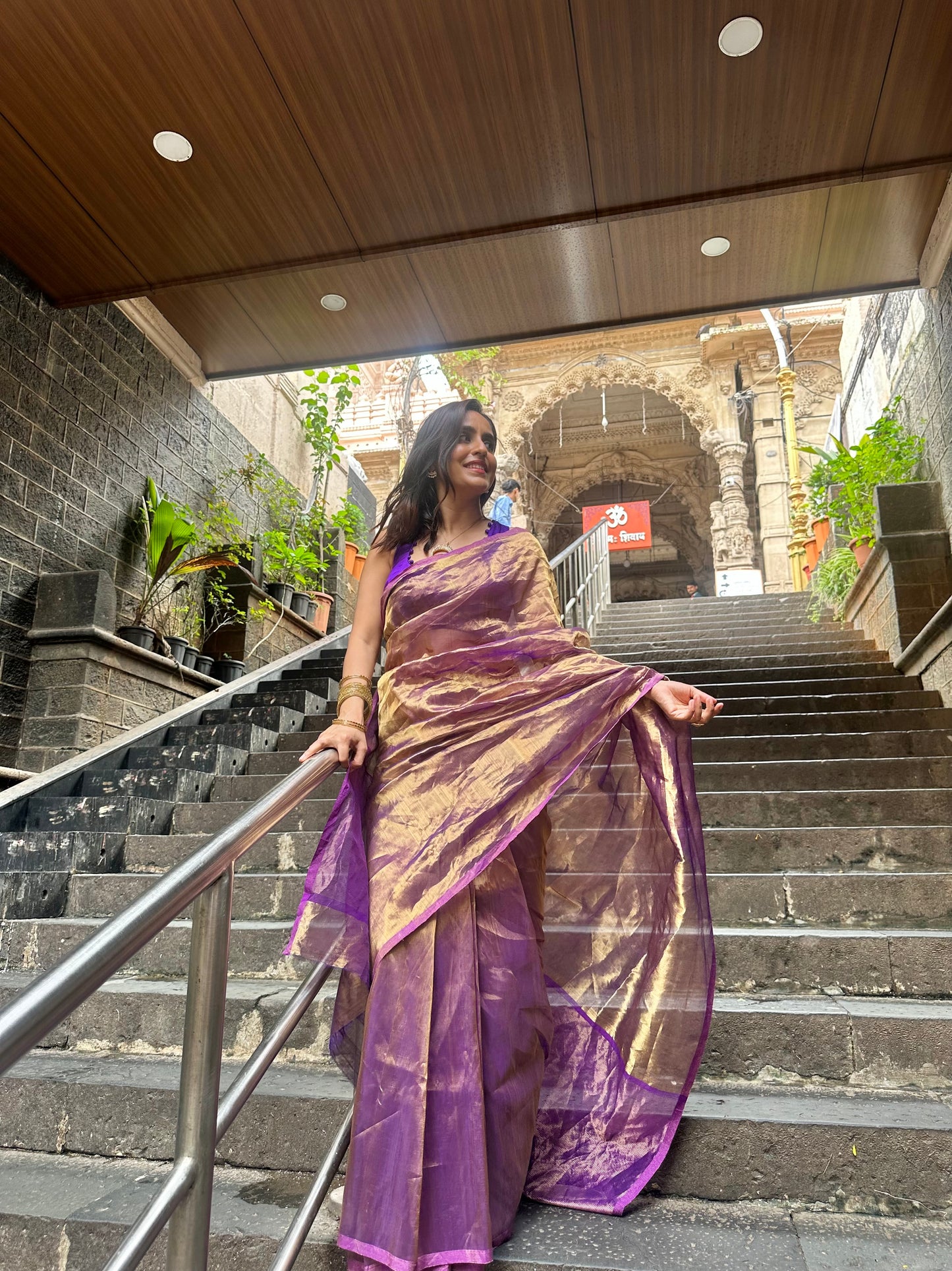 Purple & Gold Chanderi Tissue Silk Saree