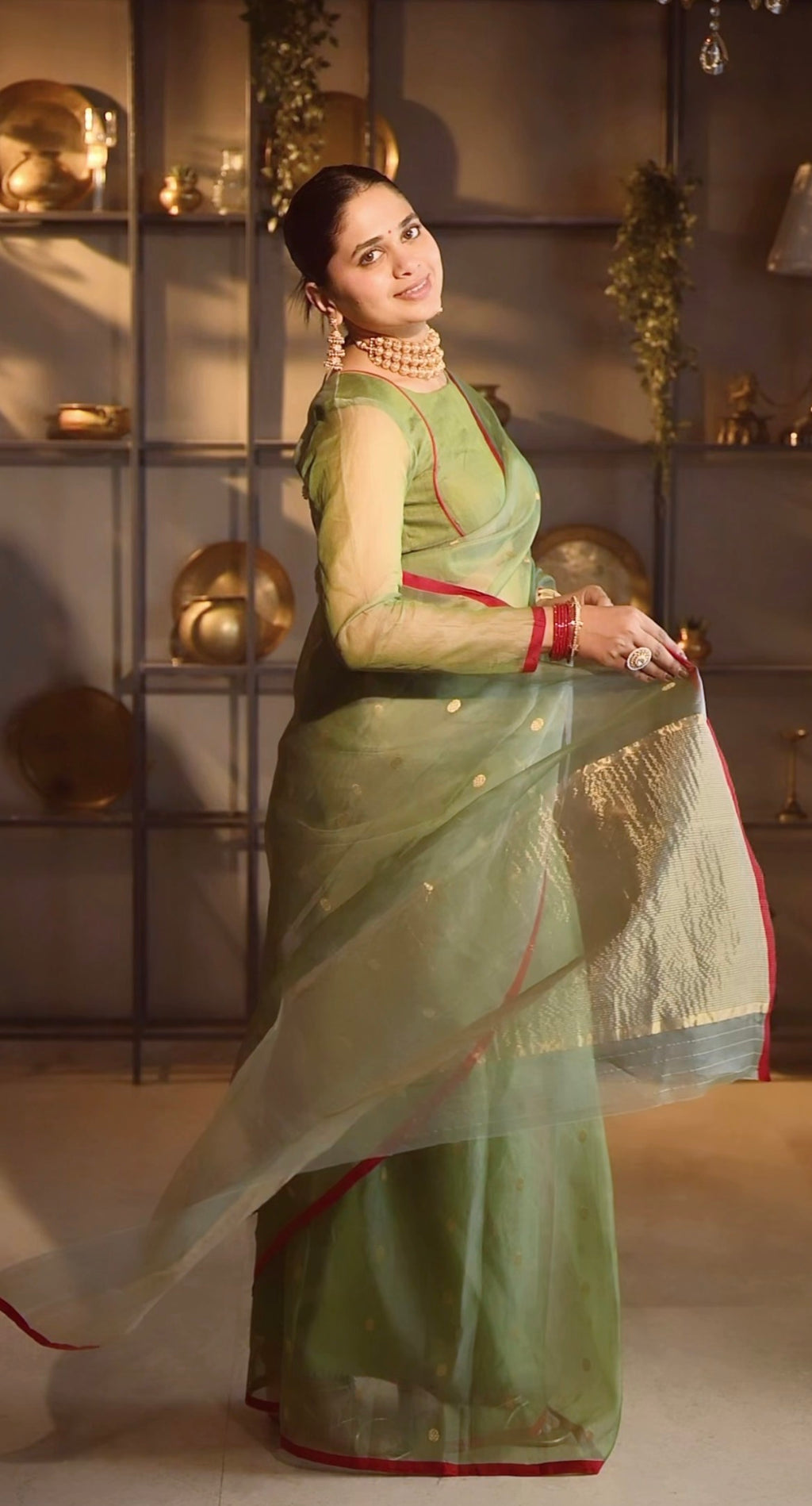 Olive gold & red Chanderi silk saree with zari bootis all over