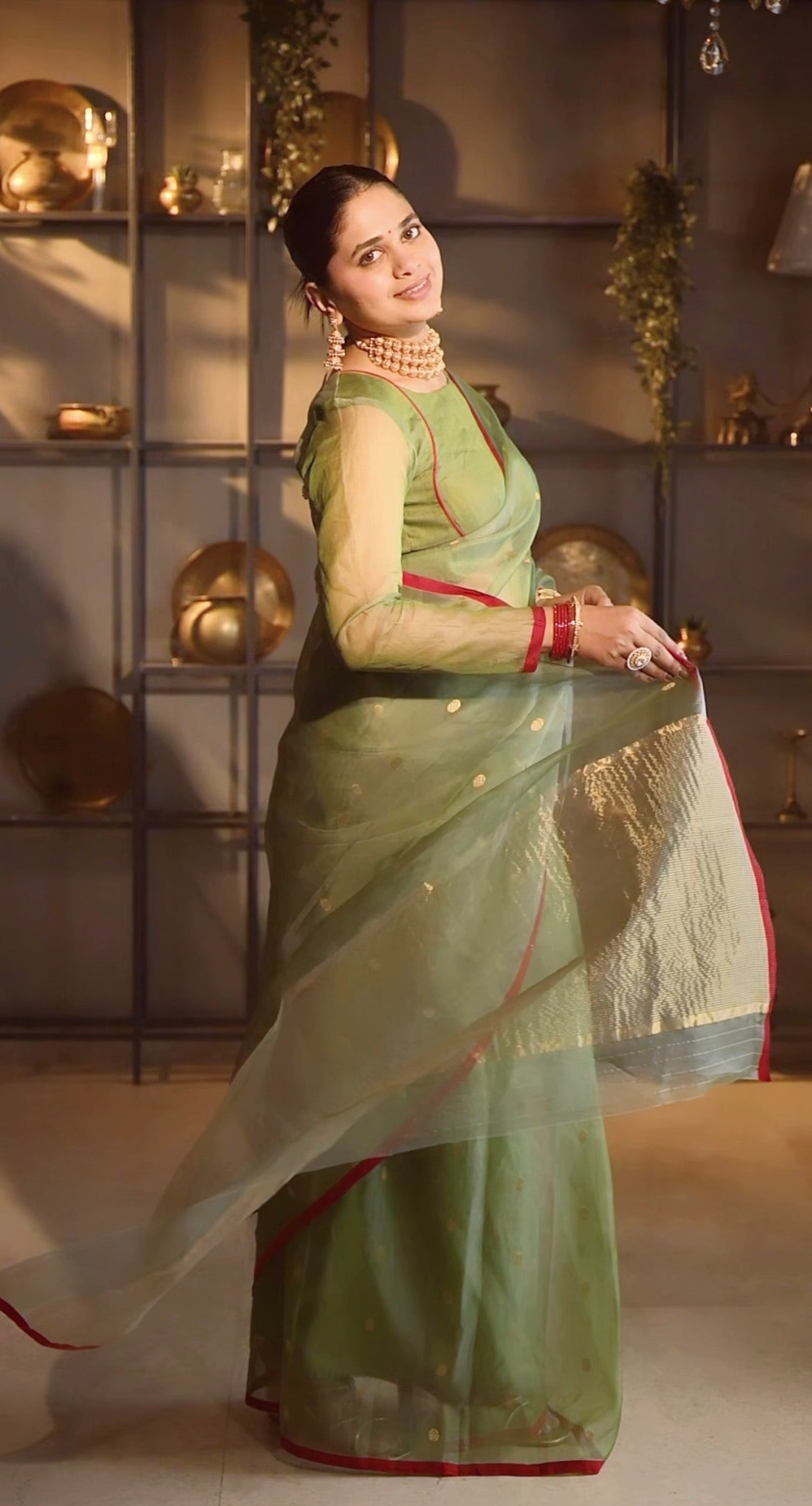 Olive gold & red Chanderi silk saree with zari bootis all over