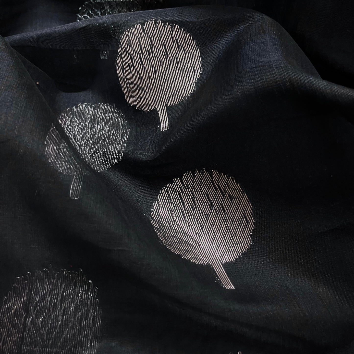 Black Chanderi saree with silver tree motifs all over