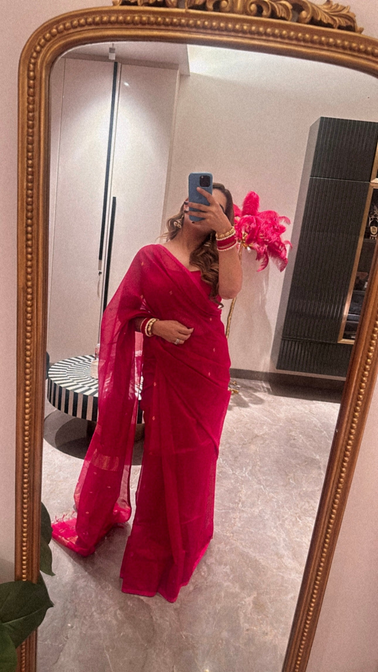 Pink maheshwari saree with zari bootis all over