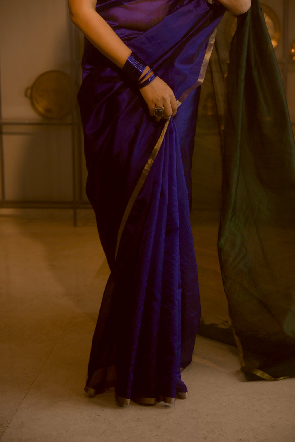 Indigo and green Chanderi silk saree with zari border