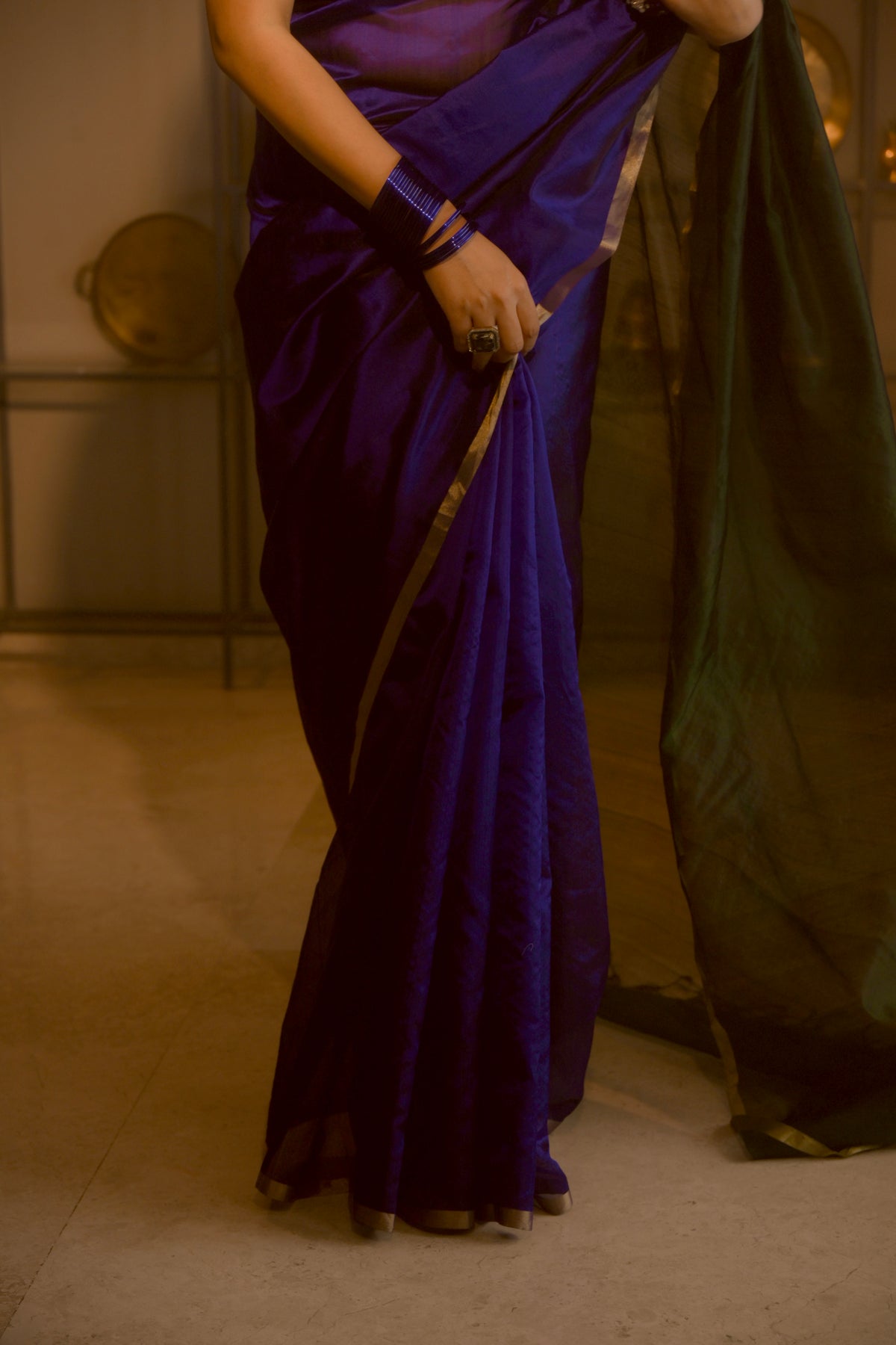 Indigo and green Chanderi silk saree with zari border