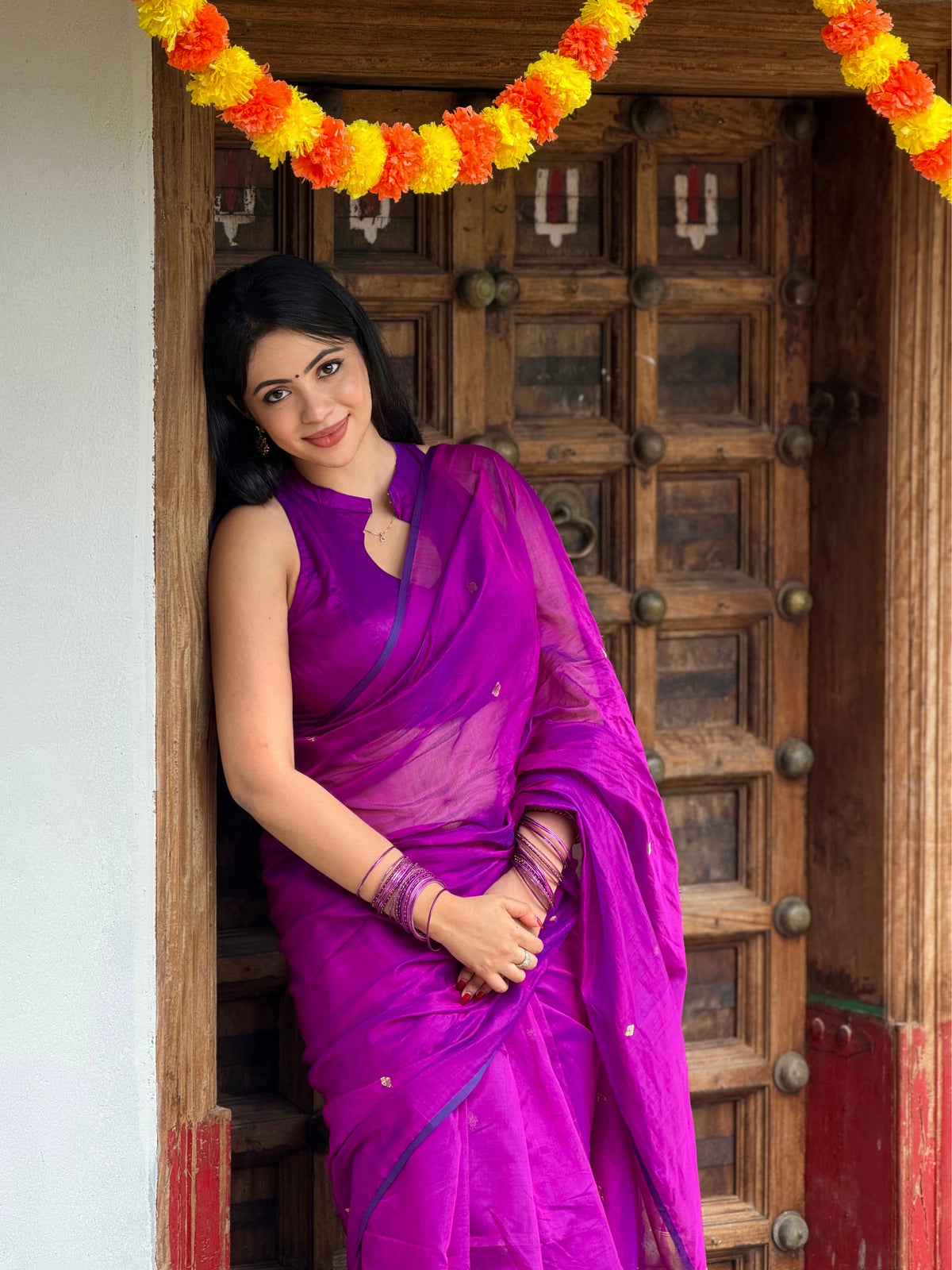 Shop the look | Violet Dual Tone Maheshwari Saree with Zari Bootis all over