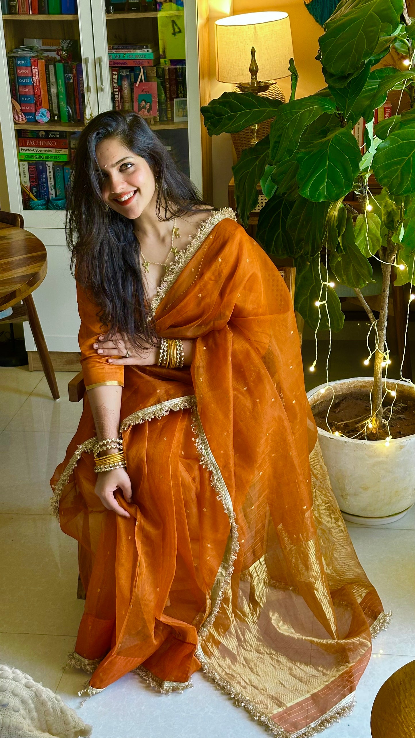 Burnt Orange Chanderi Silk Saree with Zari Bootis all over