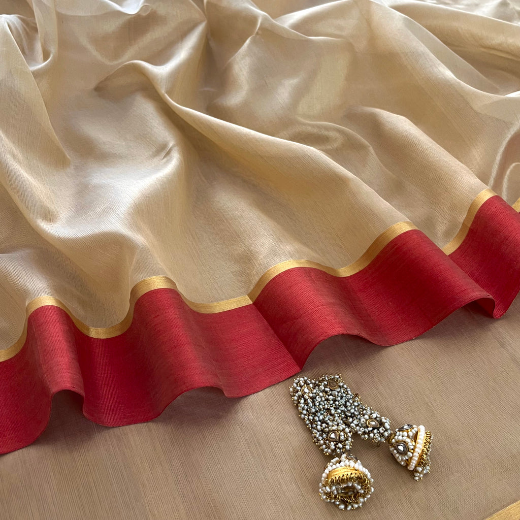 Beige & Red Chanderi Silk Saree with Zari Lines on Pallu