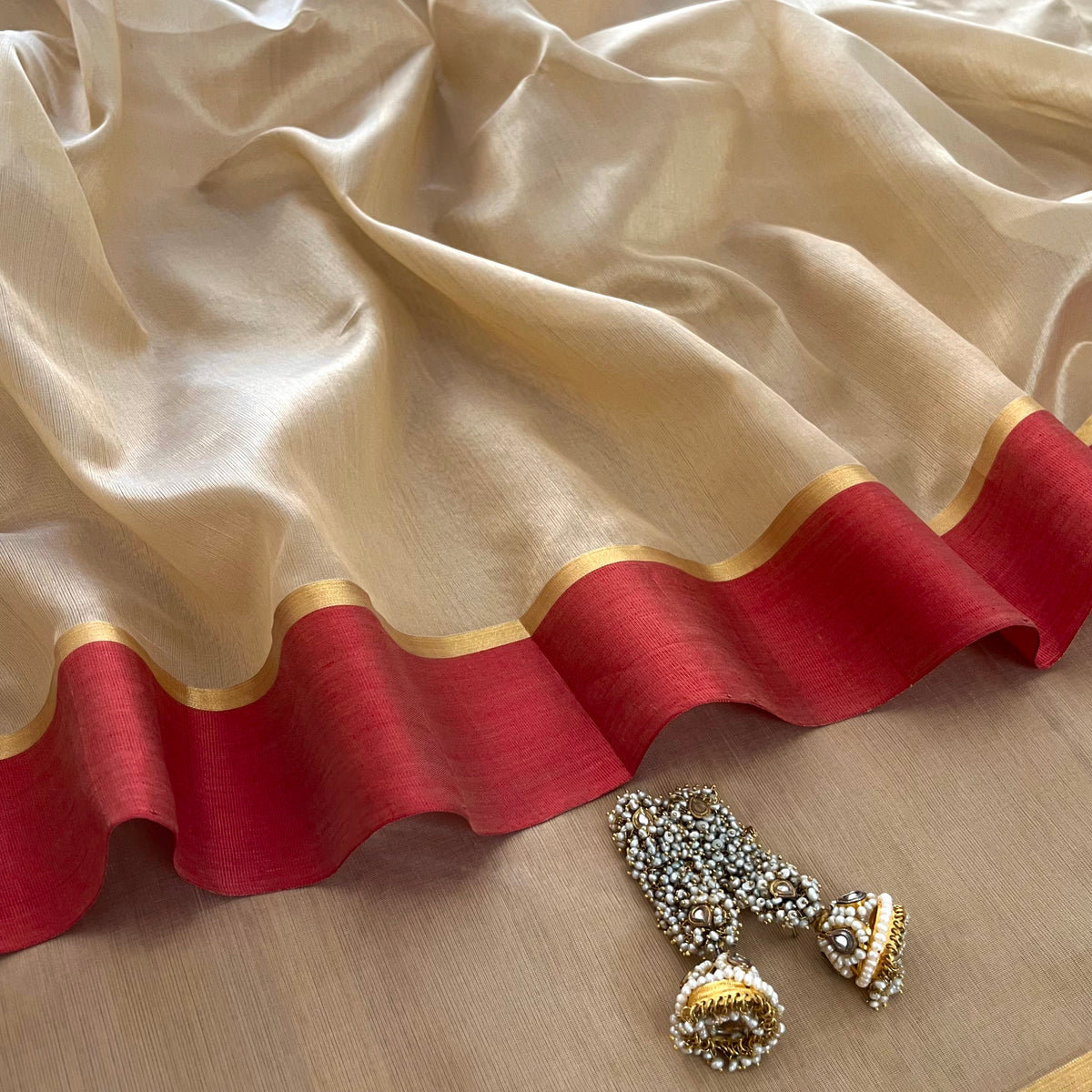 Beige & Red Chanderi Silk Saree with Zari Lines on Pallu