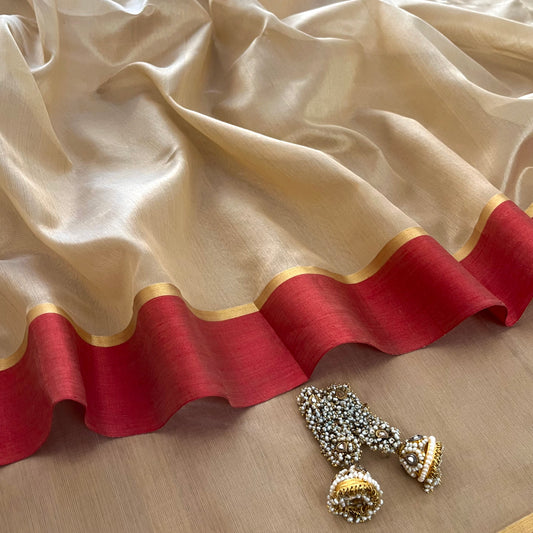 Beige & Red Chanderi silk saree with zari lines on pallu