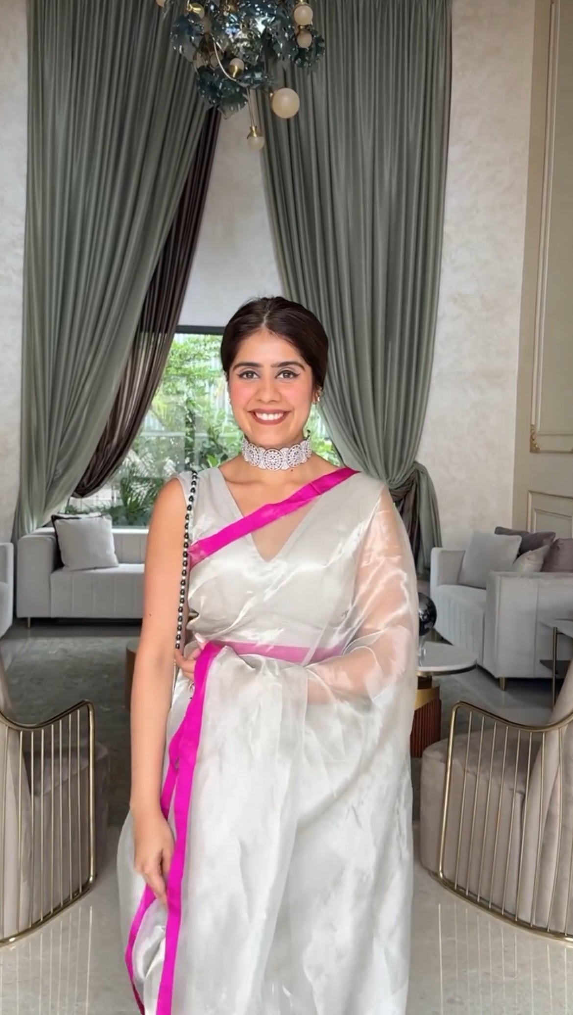 Silver white & hot pink chanderi tissue silk saree