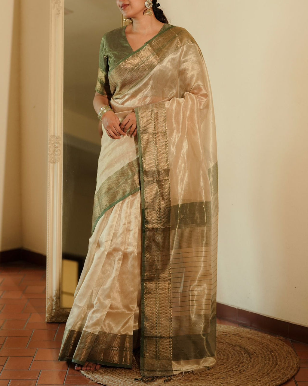 Cream Gold and green Maheshwari tissue silk saree with zari pattern on pallu