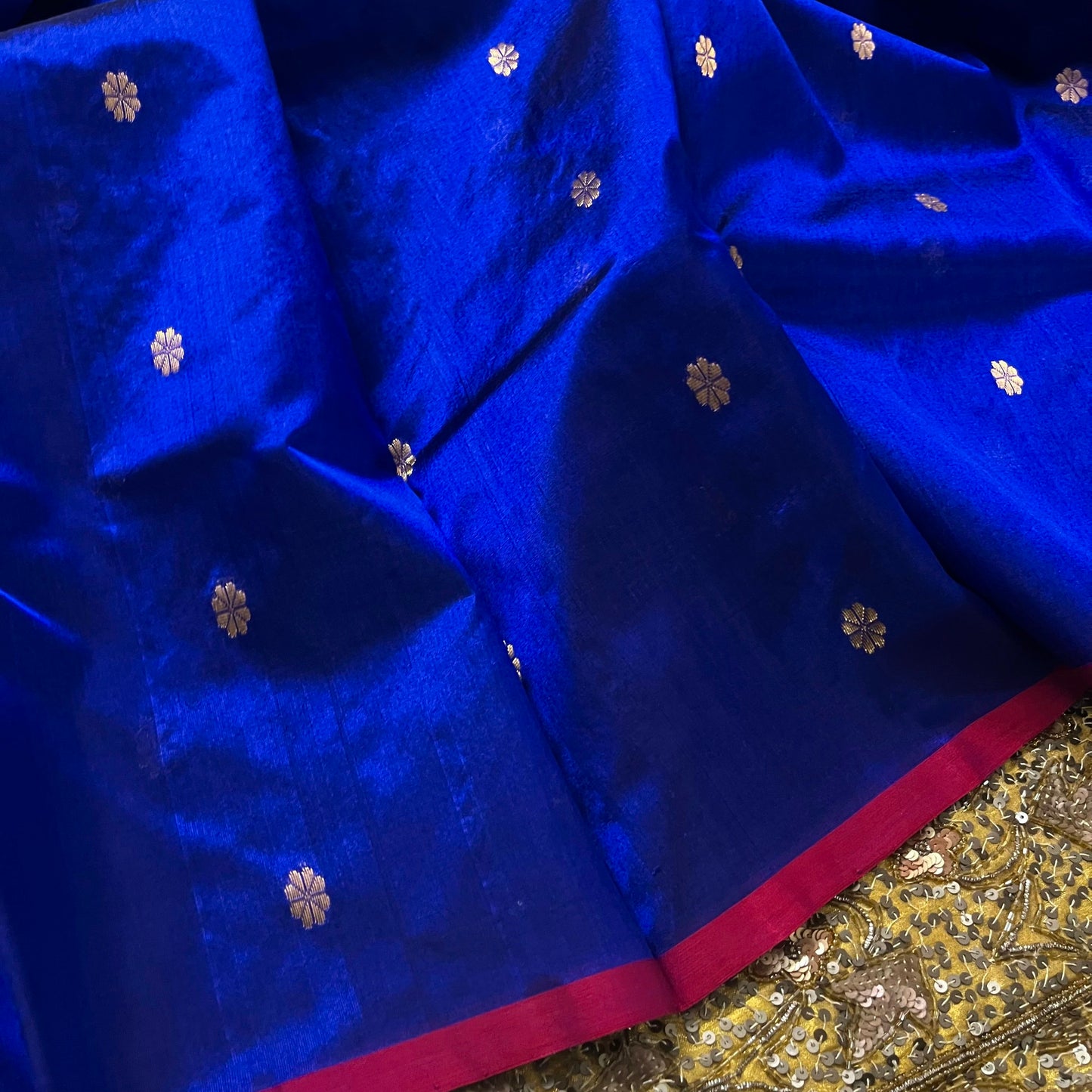 Dark blue Chanderi silk saree with flower bootis all over