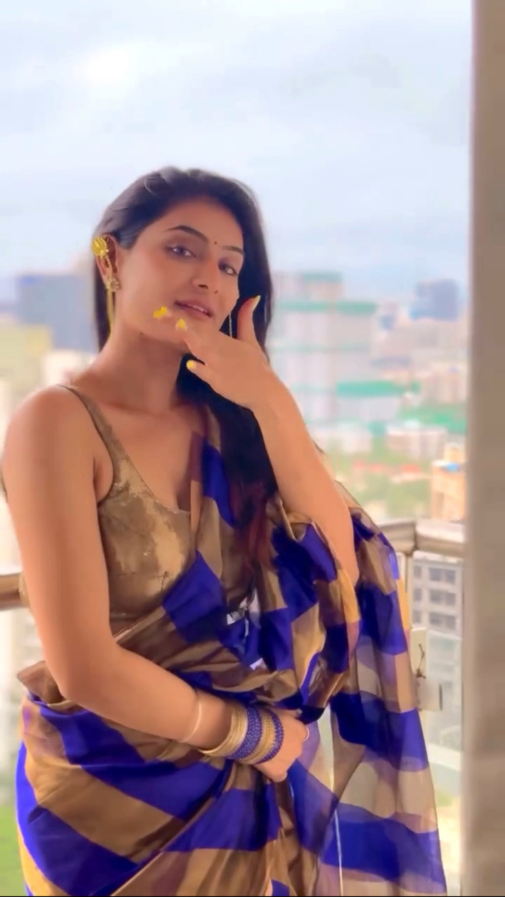 Dark purplish blue Chanderi silk saree with zari stripes