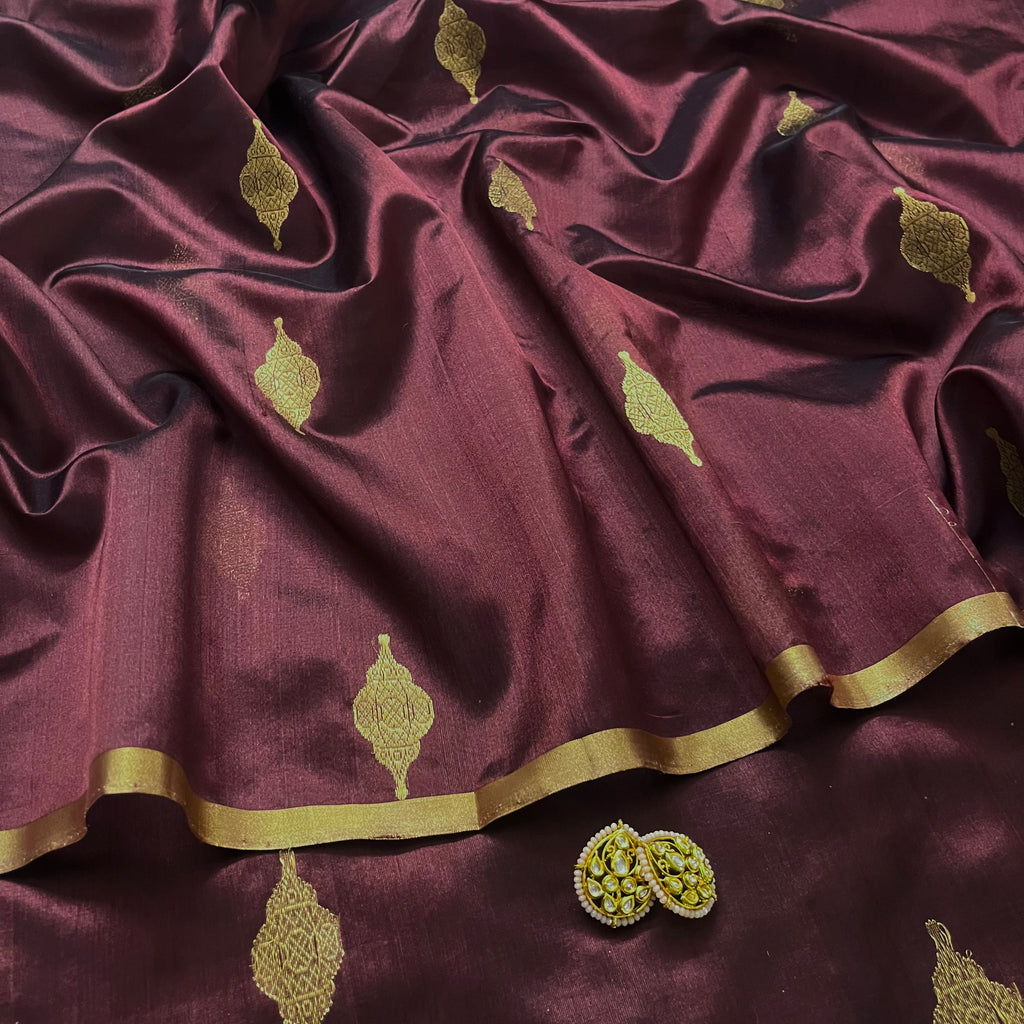 Mahogany chanderi silk saree with jhoomar motifs all over
