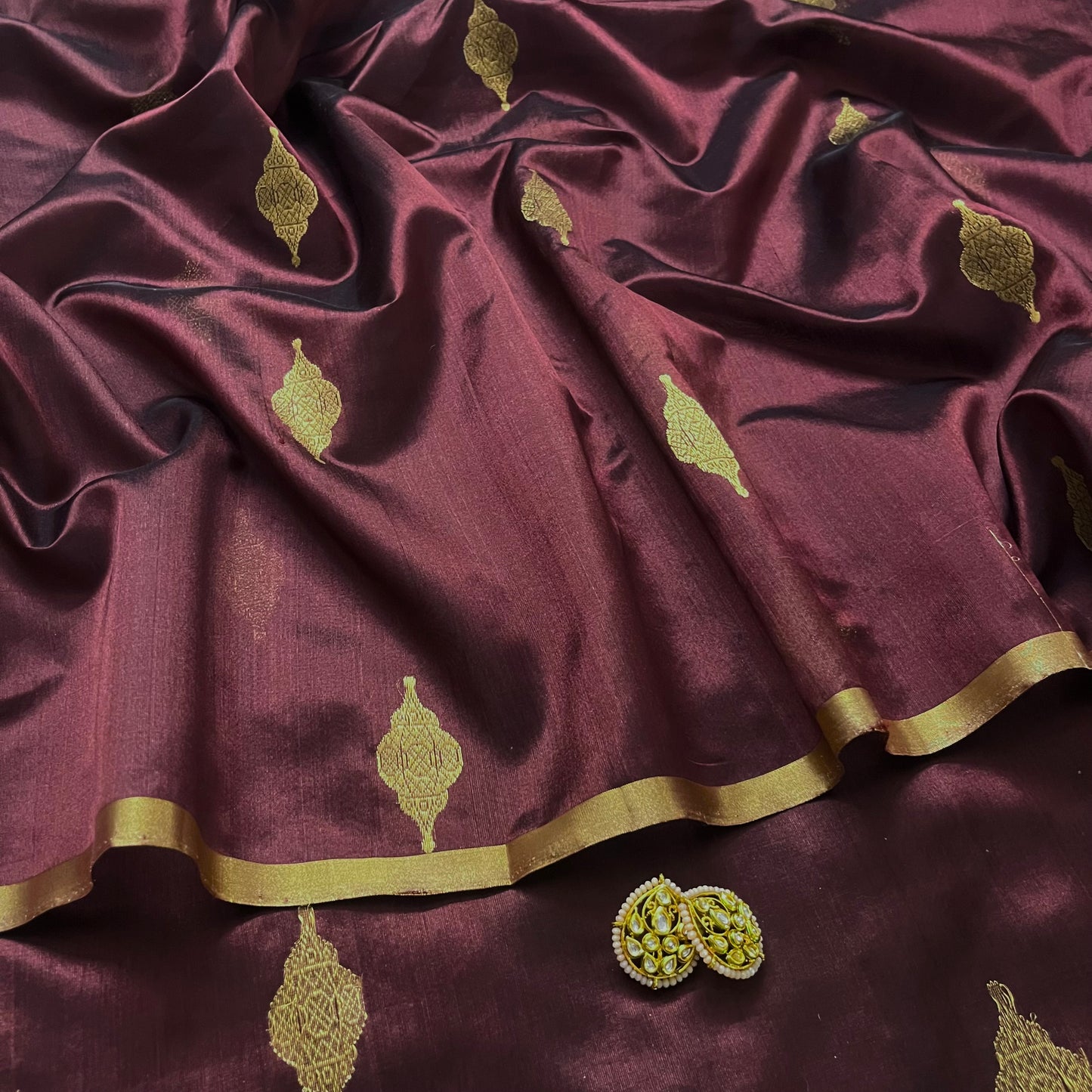 Mahogany chanderi silk saree with jhoomar motifs all over