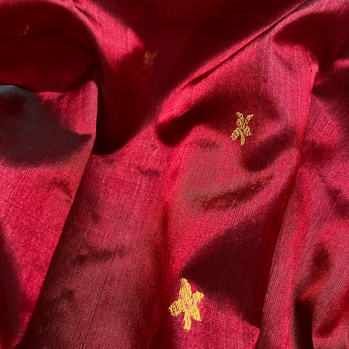 Ready to wear | Deep Maroon Chanderi Silk Saree with Flower Bootis all over
