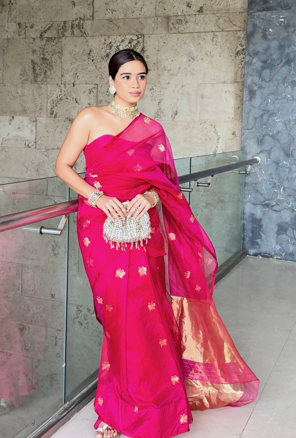 Rani pink Chanderi silk saree with butterfly motifs all over