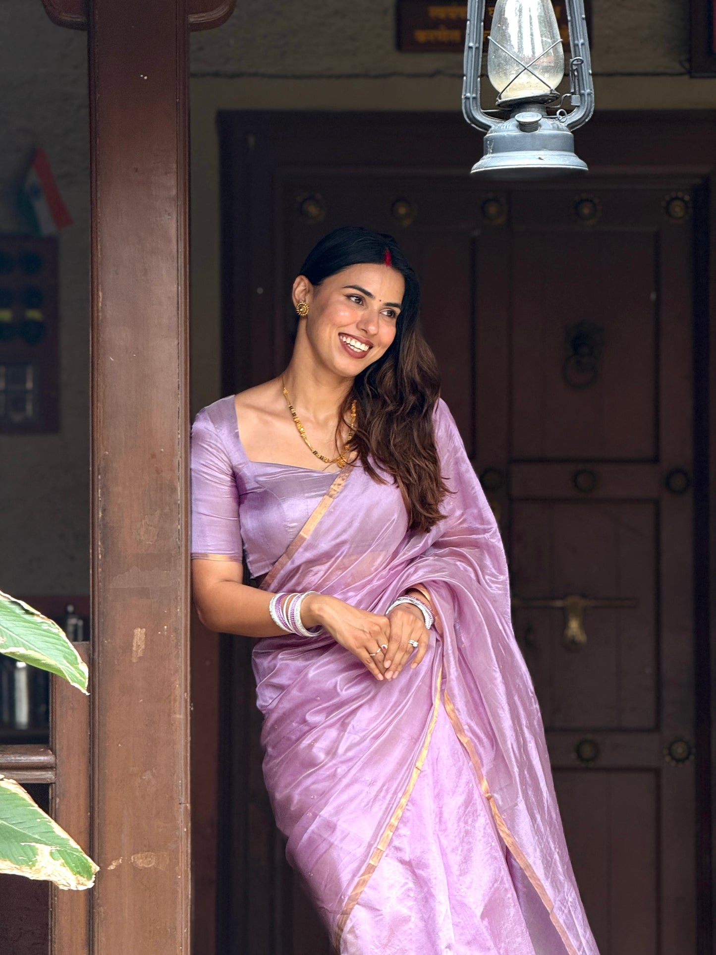 Mauve Chanderi silk saree with zari bootis all over