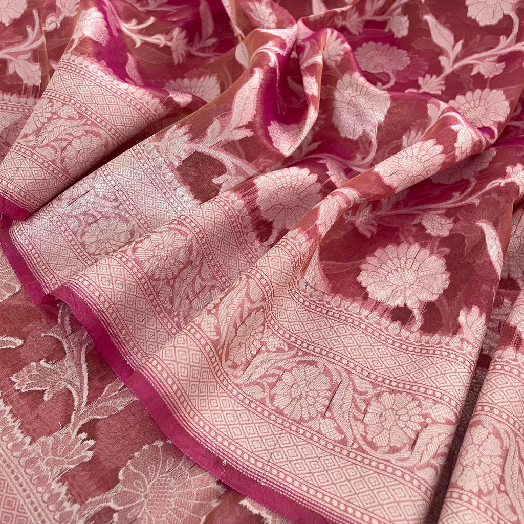 Peachish Pink Banarasi Tissue Silk Saree with Zari Jaal Work all over