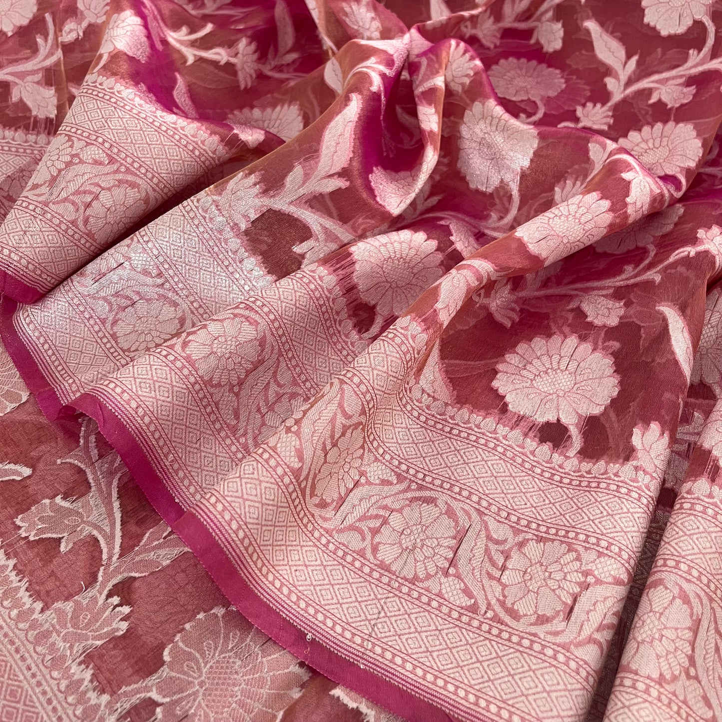 Peachish pink Banarasi tissue silk saree zari jaal work all over
