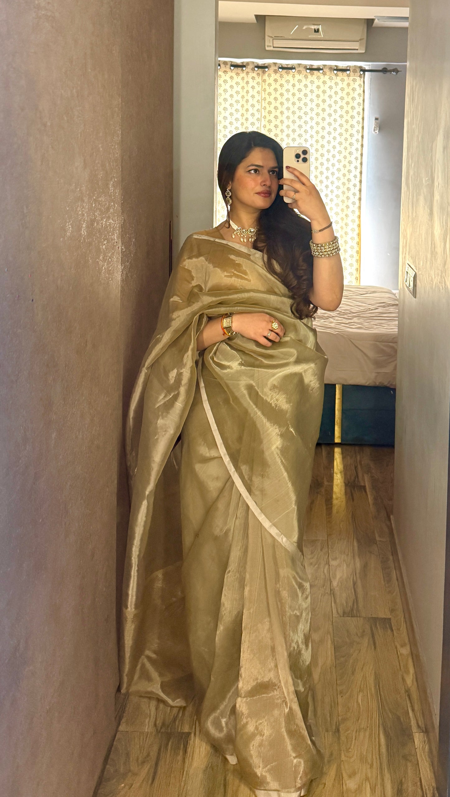 Champagne Chanderi tissue silk saree with silver zari border