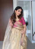 Gold Chanderi tissue silk saree with zari lines on pallu