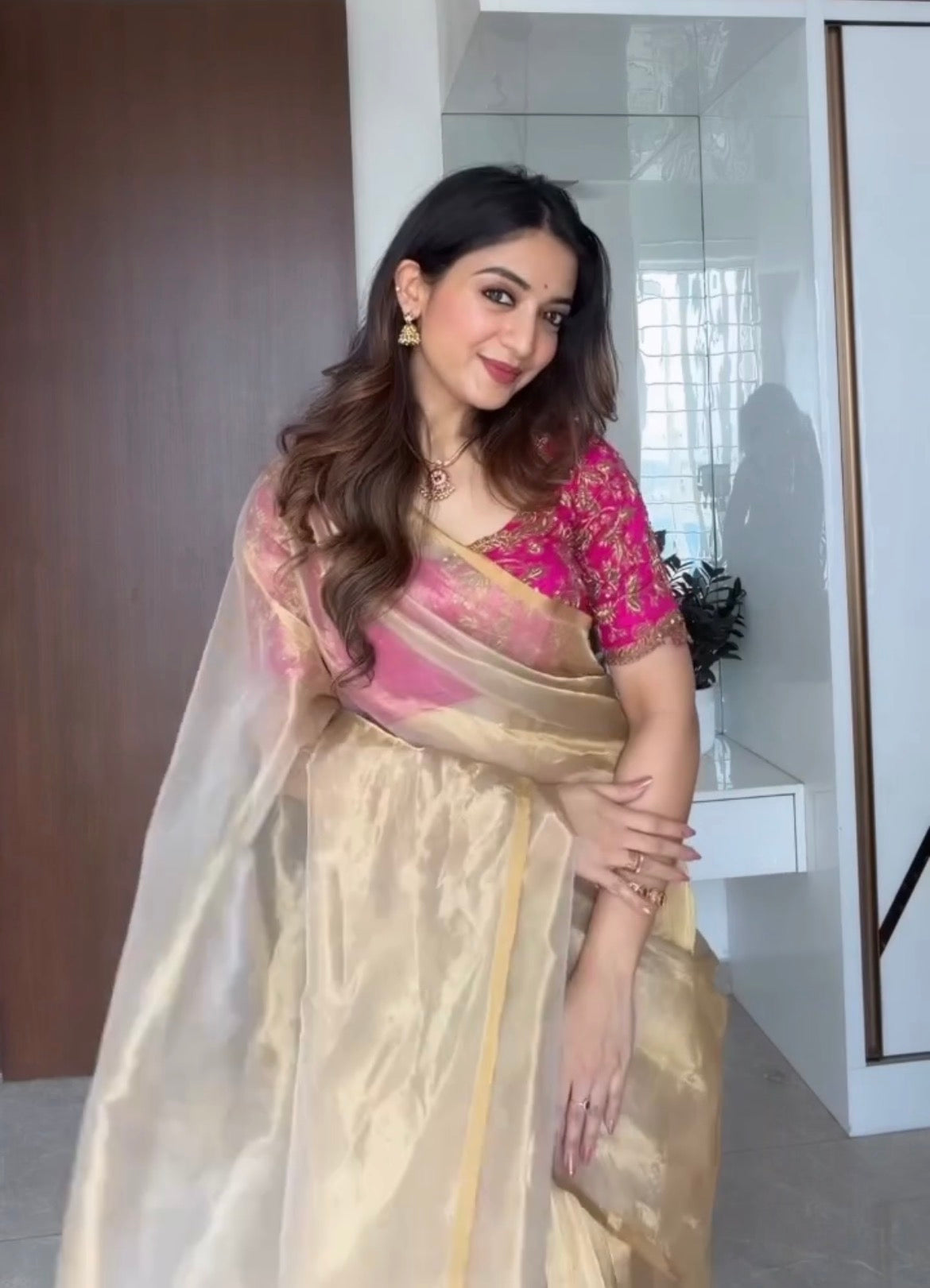Gold Chanderi tissue silk saree with zari lines on pallu