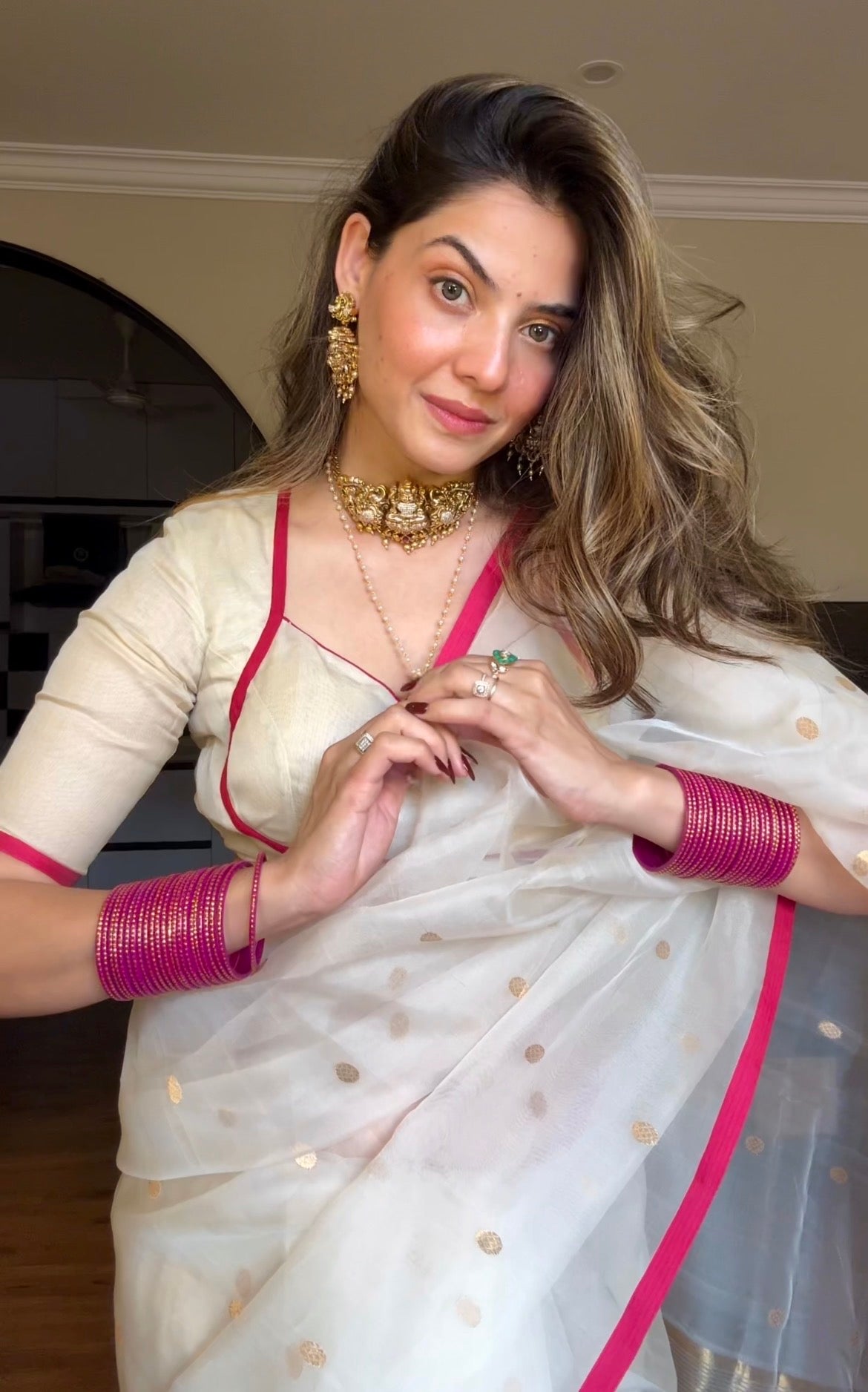 Off-White & Pink Chanderi Organza Silk Saree with Zari Bootis all over